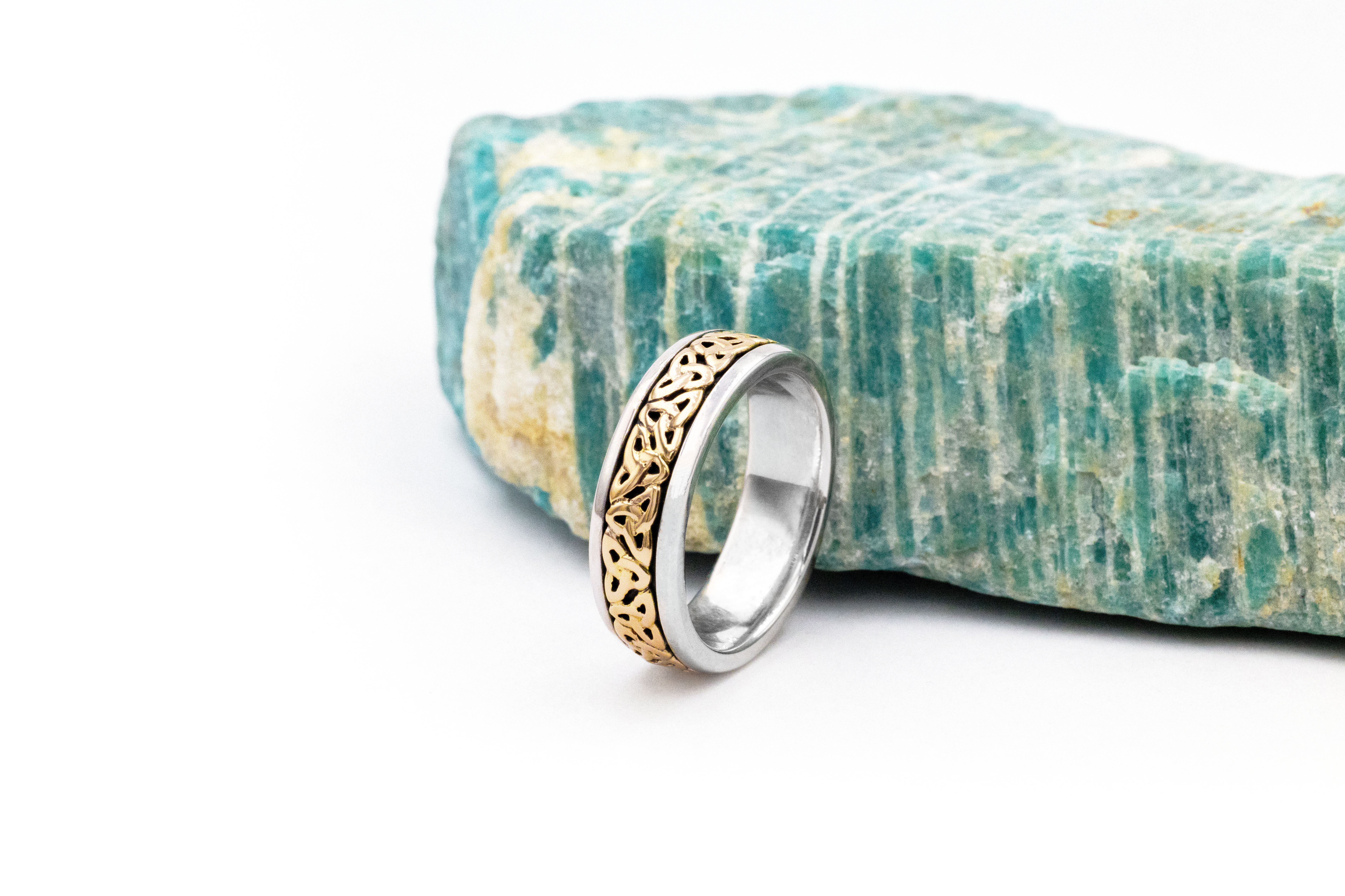 Womens Genuine Oxidised Sterling Silver & 10K Yellow Gold Celtic Knot & Trinity Knot Ring. Side View.