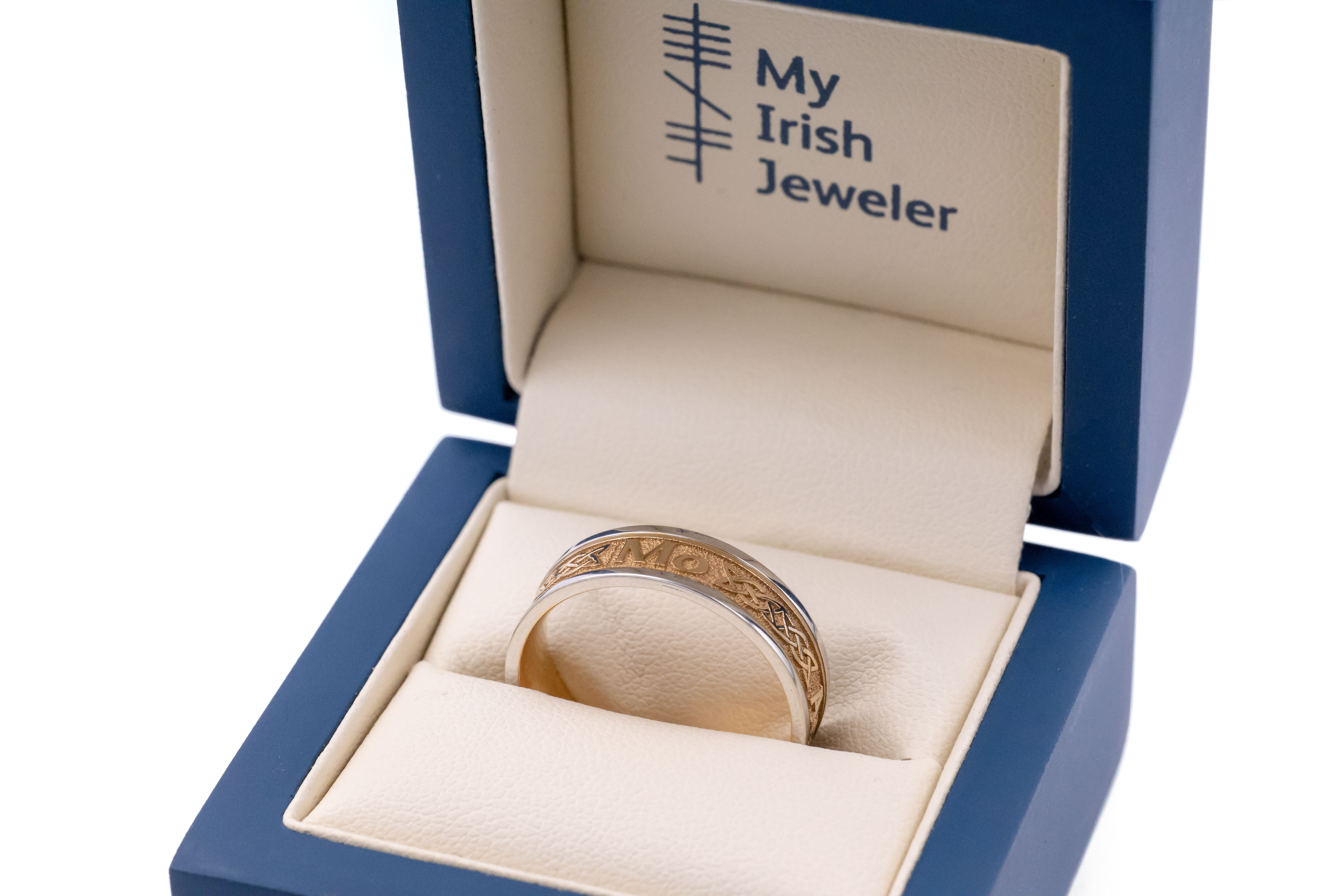 Mens Real Yellow Gold & White Gold Mo Anam Cara 6.5mm Ring. In Luxury Packaging.