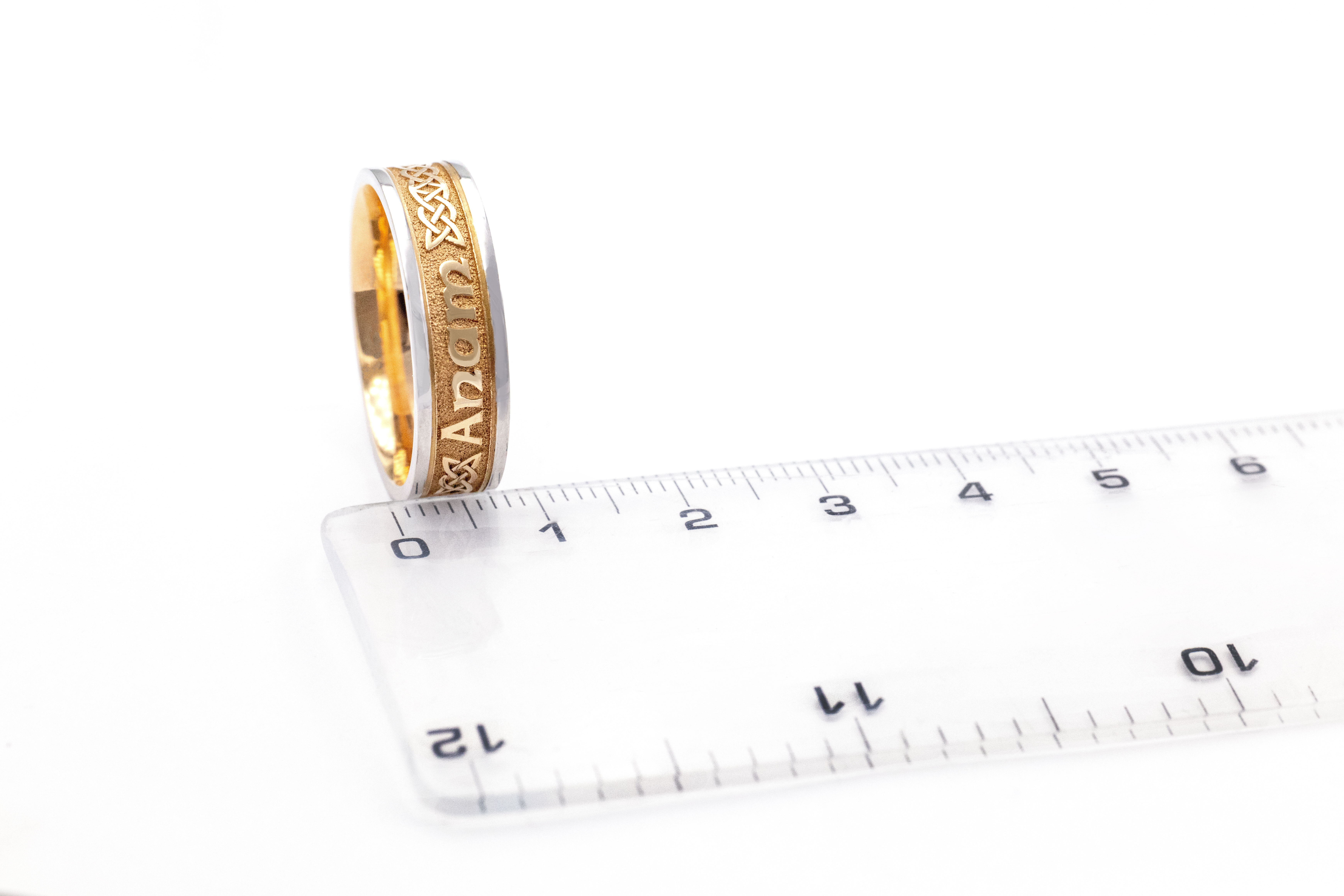 Mens 10K Yellow Gold & White Gold Mo Anam Cara 5.0mm Ring. Picture For Scale.
