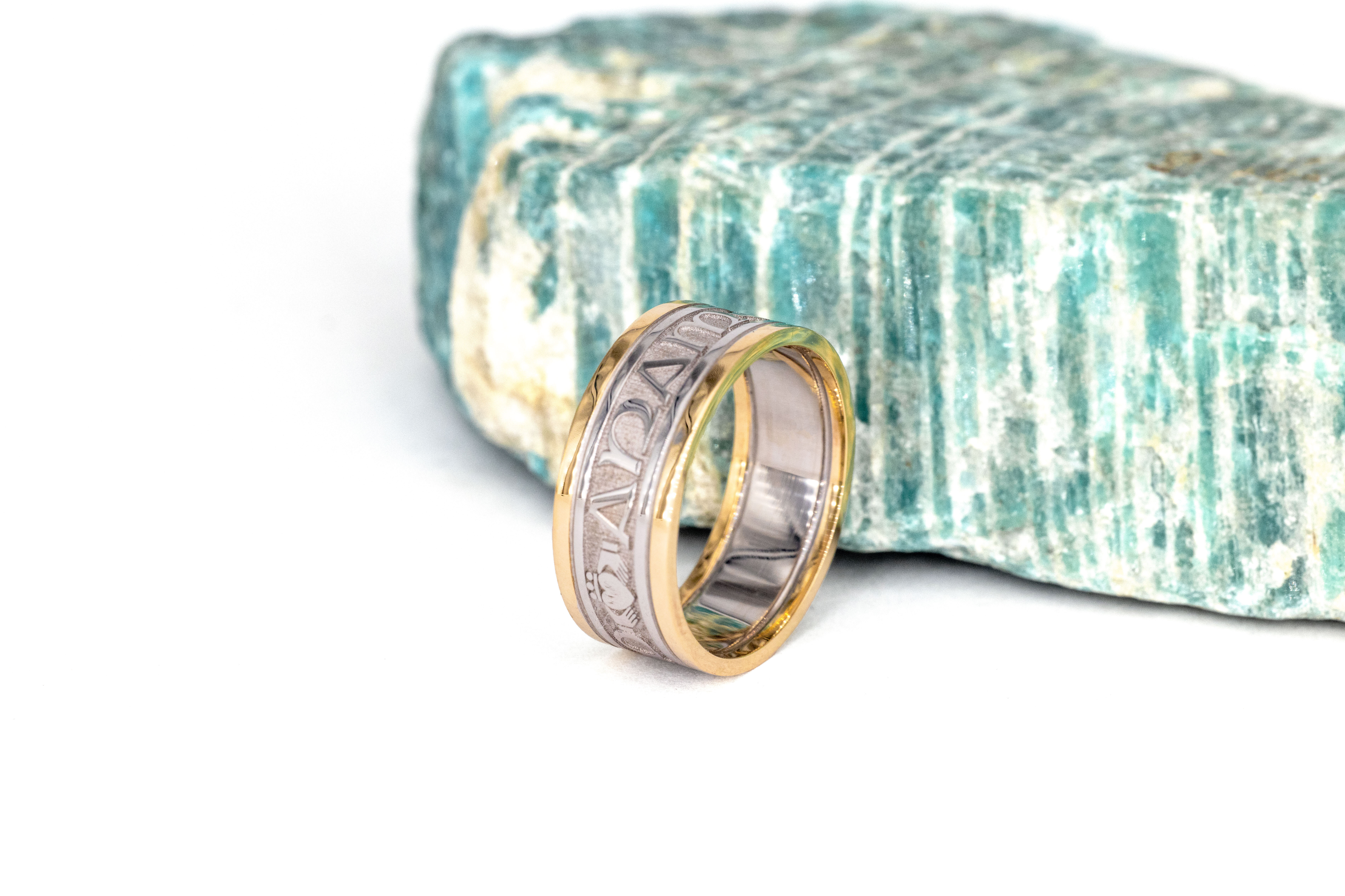 Attractive Sterling Silver & 10K Yellow Gold Mo Anam Cara & Gaelic 7.5mm Ring For Women. Side View.