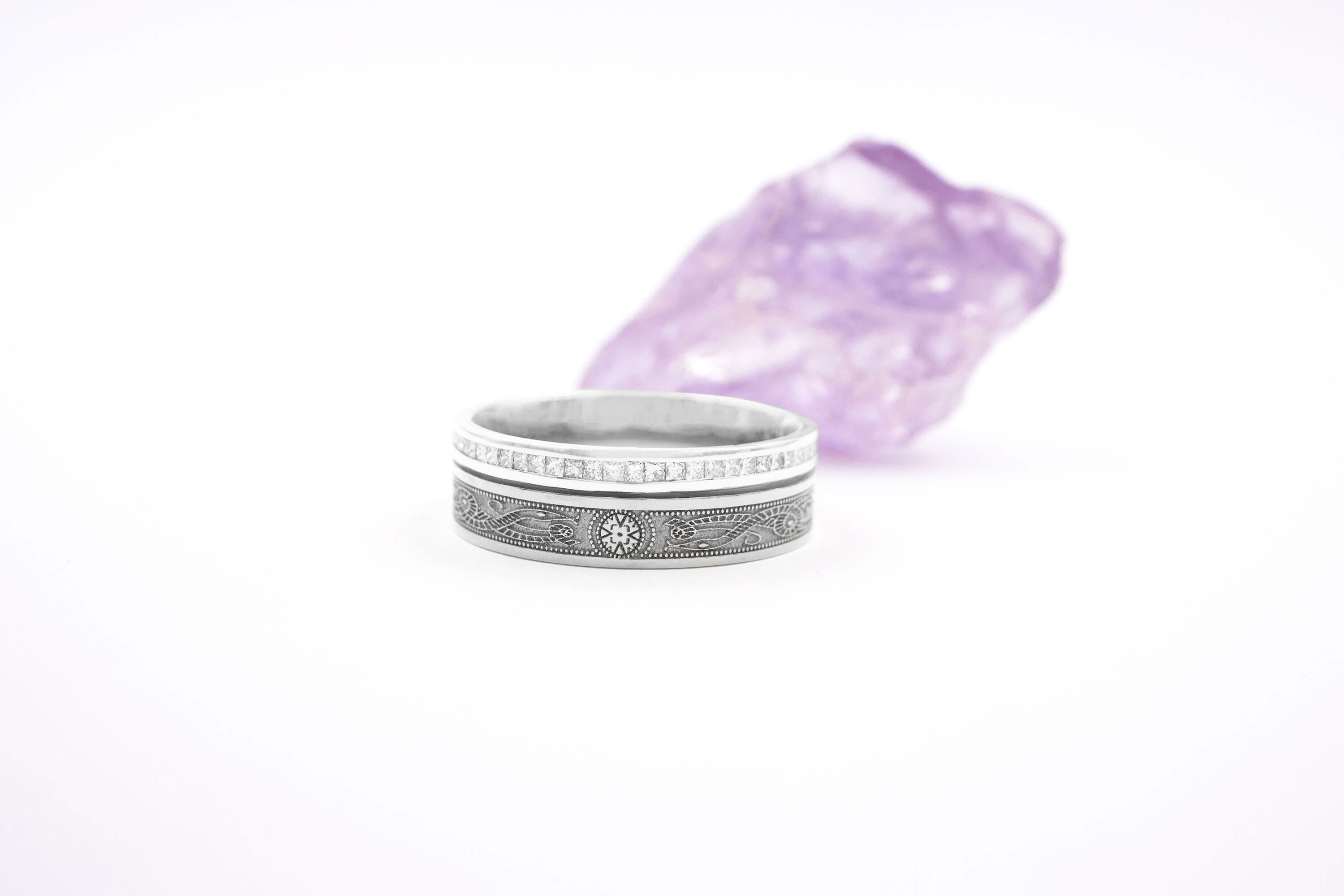 Authentic 14K White Gold Celtic Warrior & Ogham 5.2mm Ring For Men