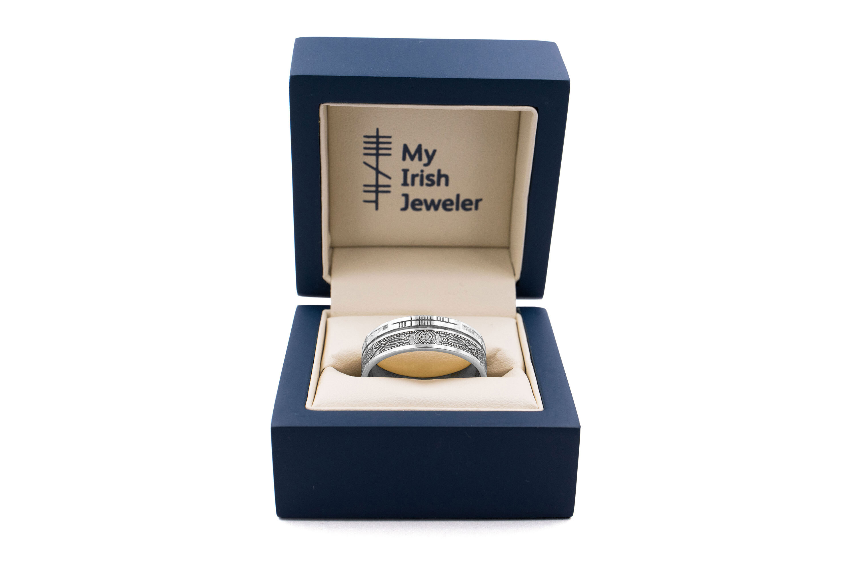 Mens Real 14K White Gold Celtic Warrior & Ogham Wedding Ring. In Luxury Packaging.