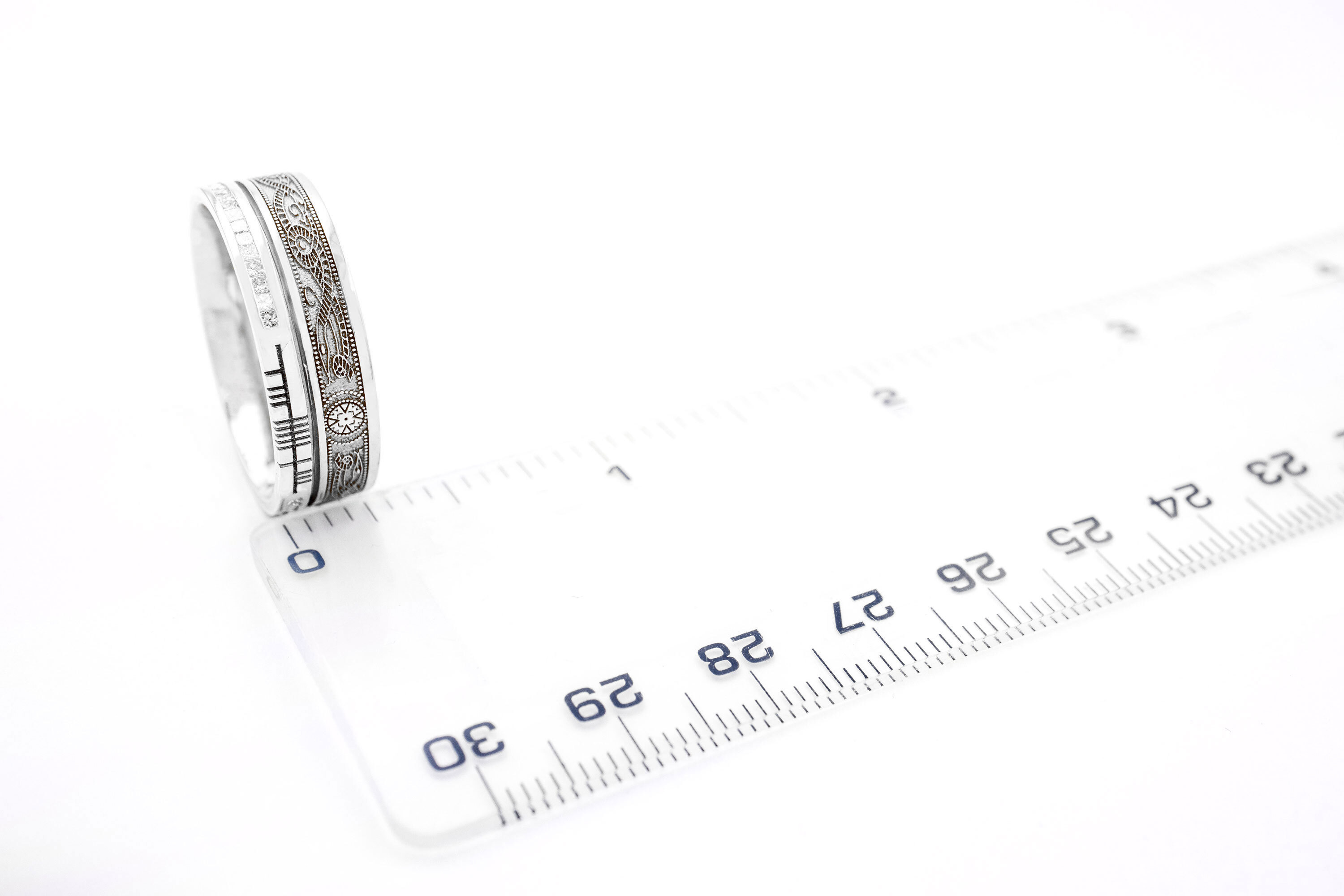 Irish White Gold Celtic Warrior & Ogham 7.3mm Ring For Men. Picture For Scale.