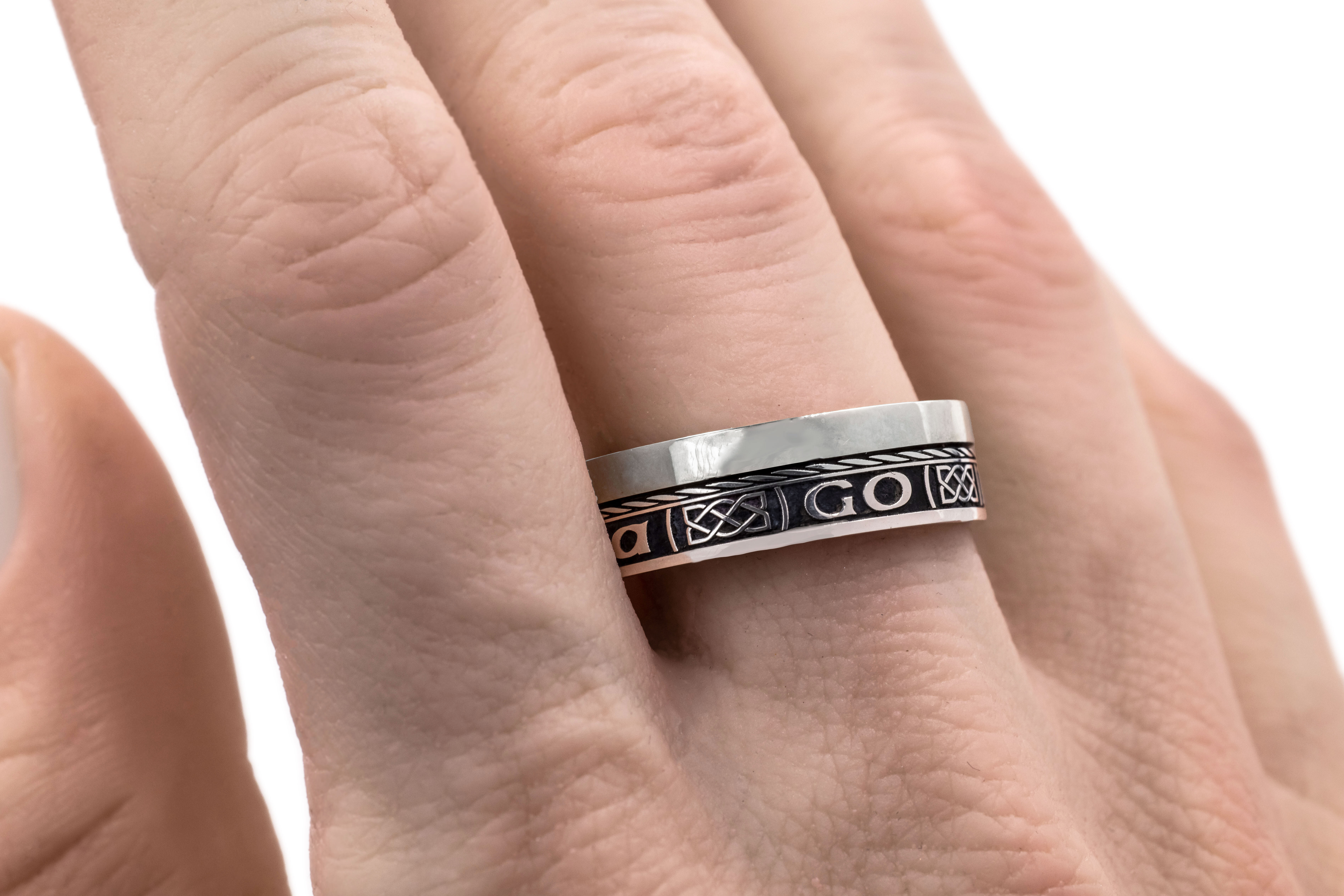 Genuine Sterling Silver Gaelic Ring With a Oxidised Finish - Model Photo
