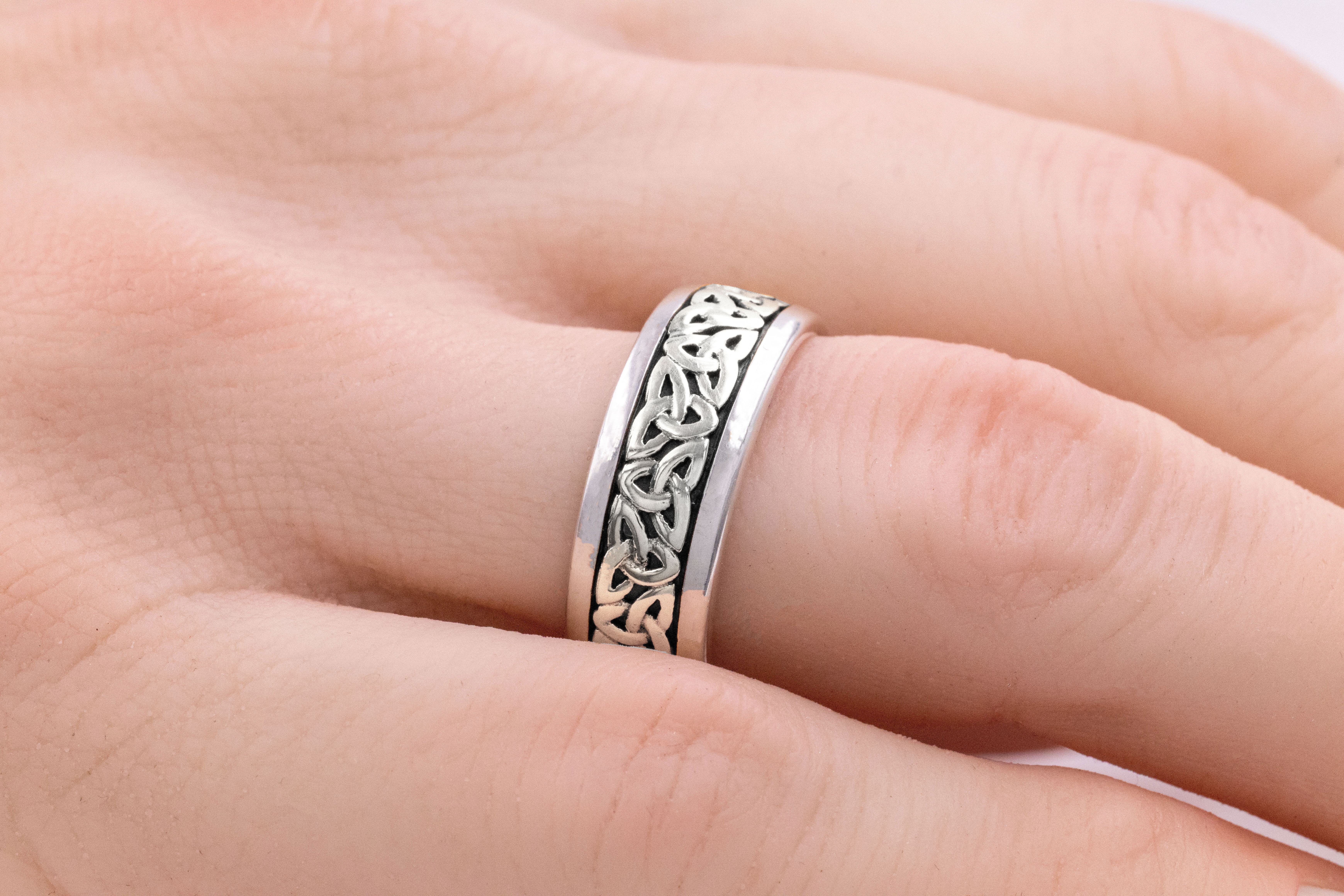 Irish Sterling Silver Celtic Knot & Trinity Knot Ring With a Oxidized Finish - Model Photo
