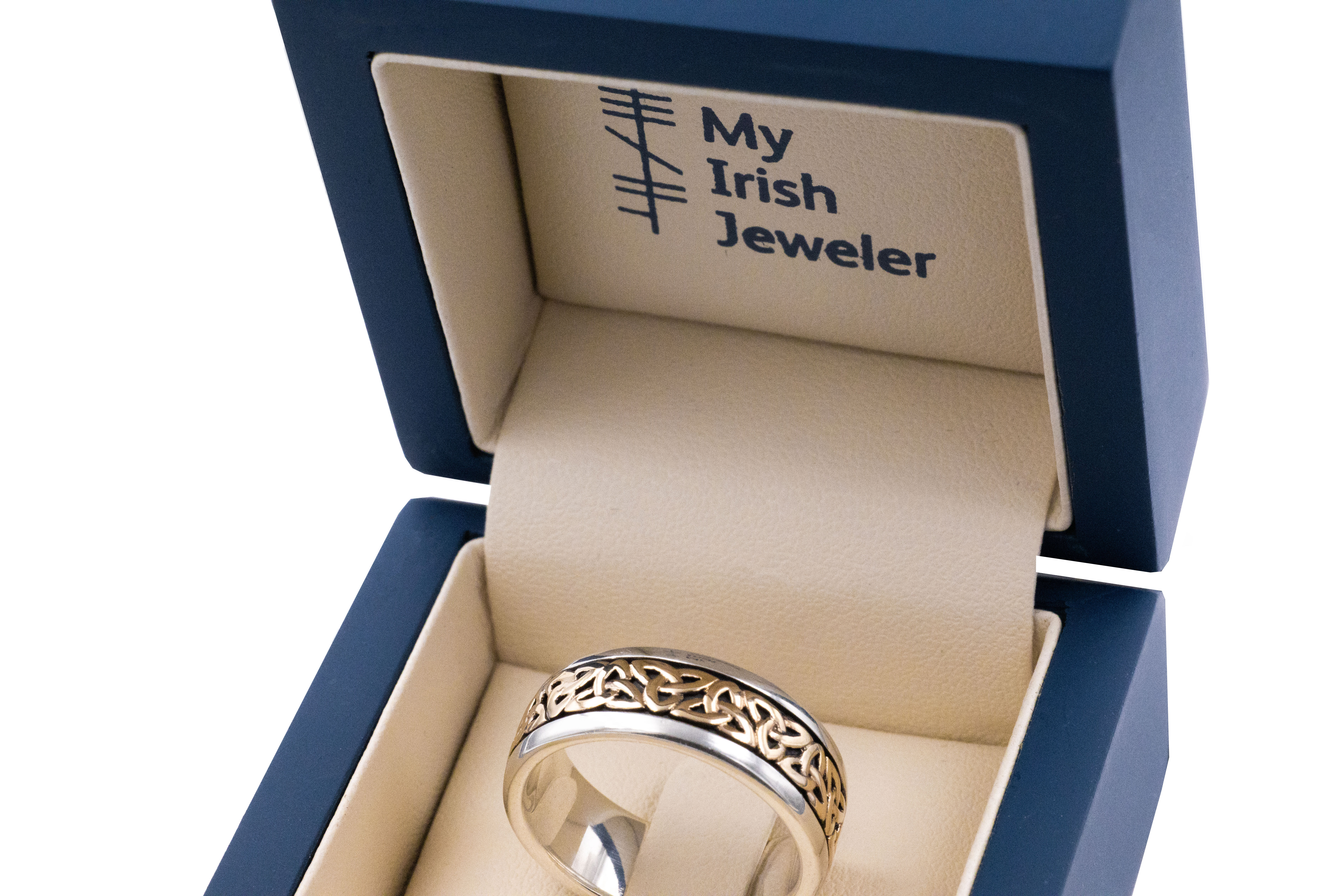 Authentic Sterling Silver & 10K Yellow Gold Celtic Knot & Trinity Knot 8.0mm Ring For Men With a Oxidized Finish. In Luxury Packaging.