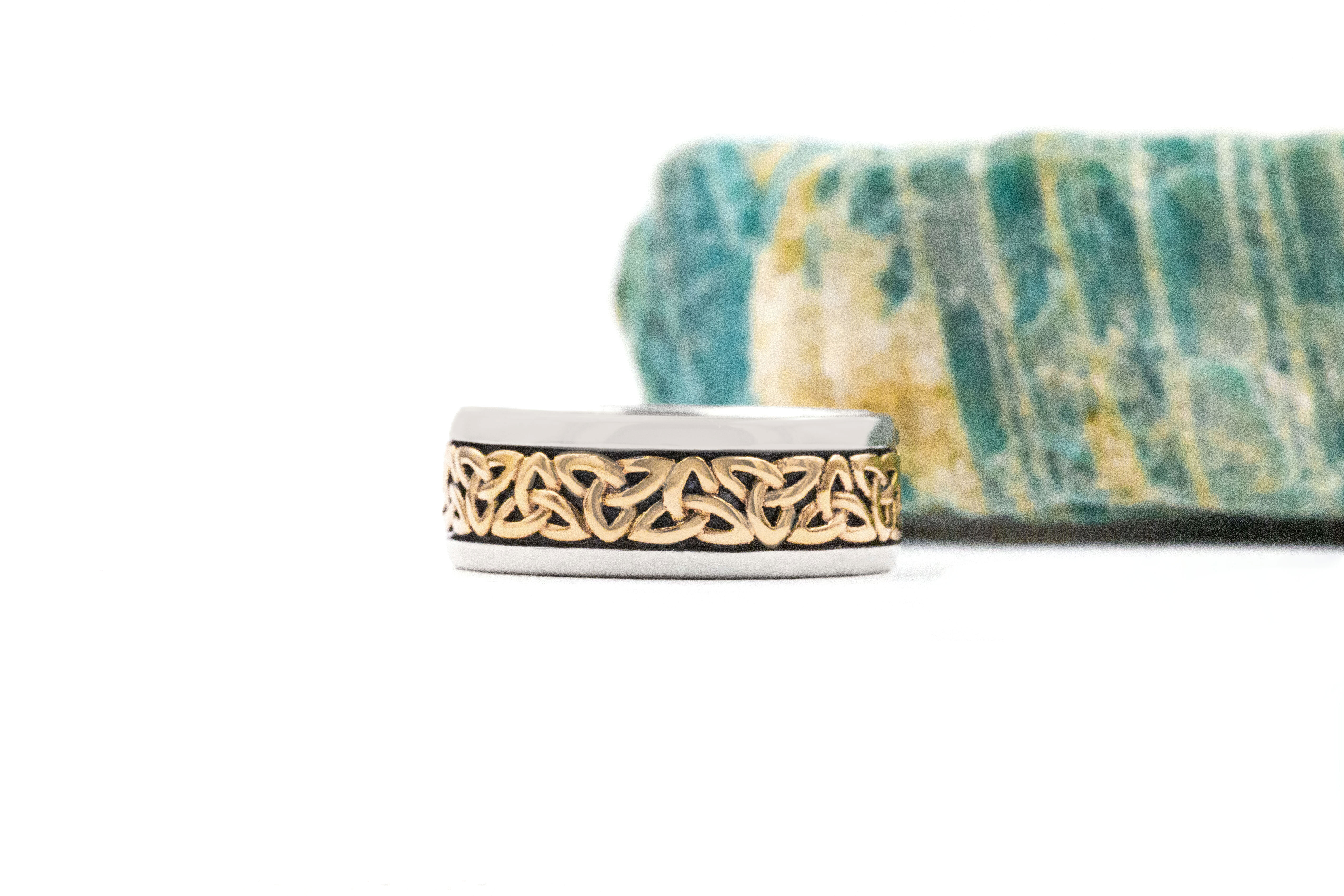 Mens Oxidized Celtic Knot 8.0mm Ring in Real Sterling Silver & 10K Yellow Gold