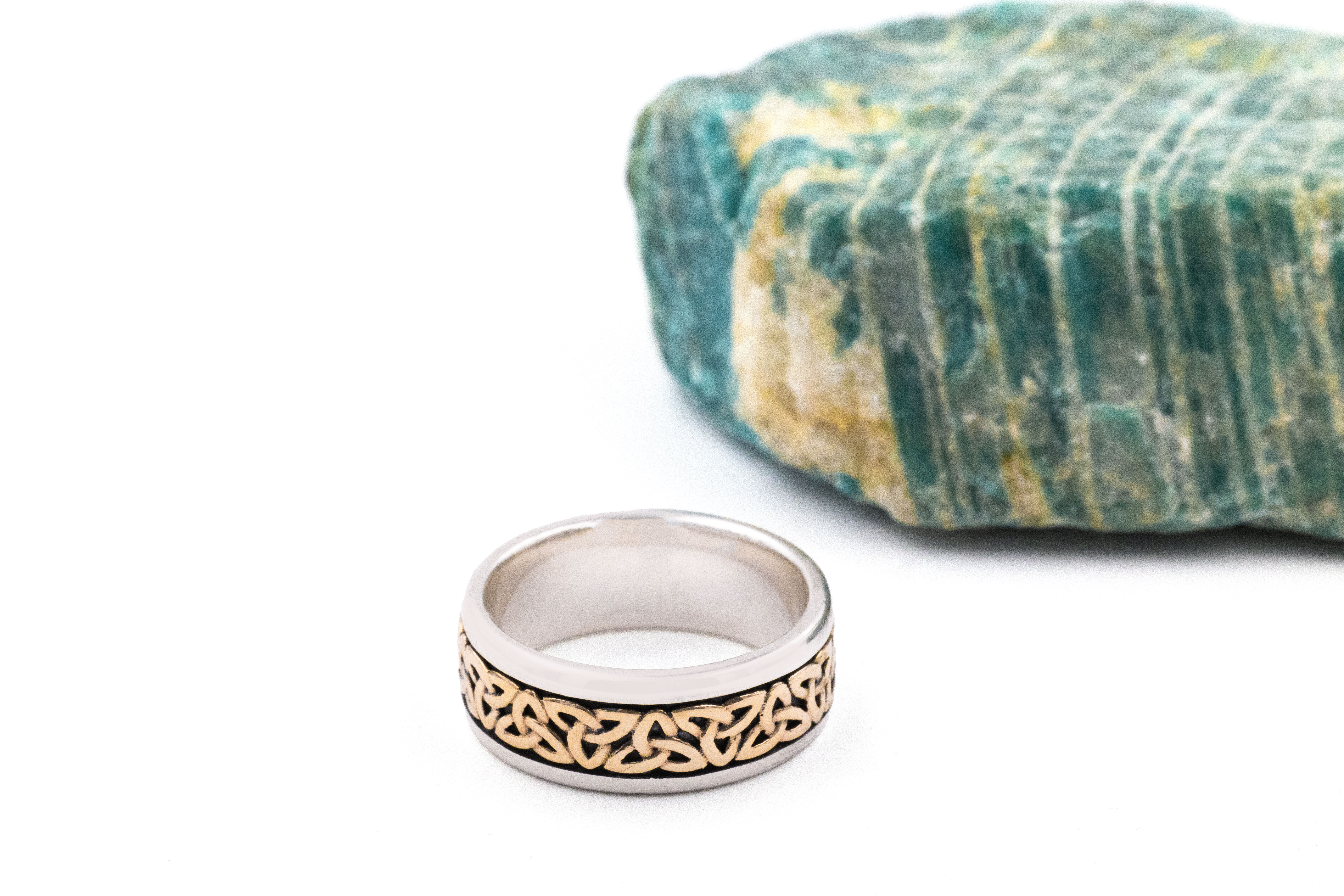 Mens Oxidized Sterling Silver & 10K Yellow Gold Celtic Knot & Trinity Knot 8.0mm Ring