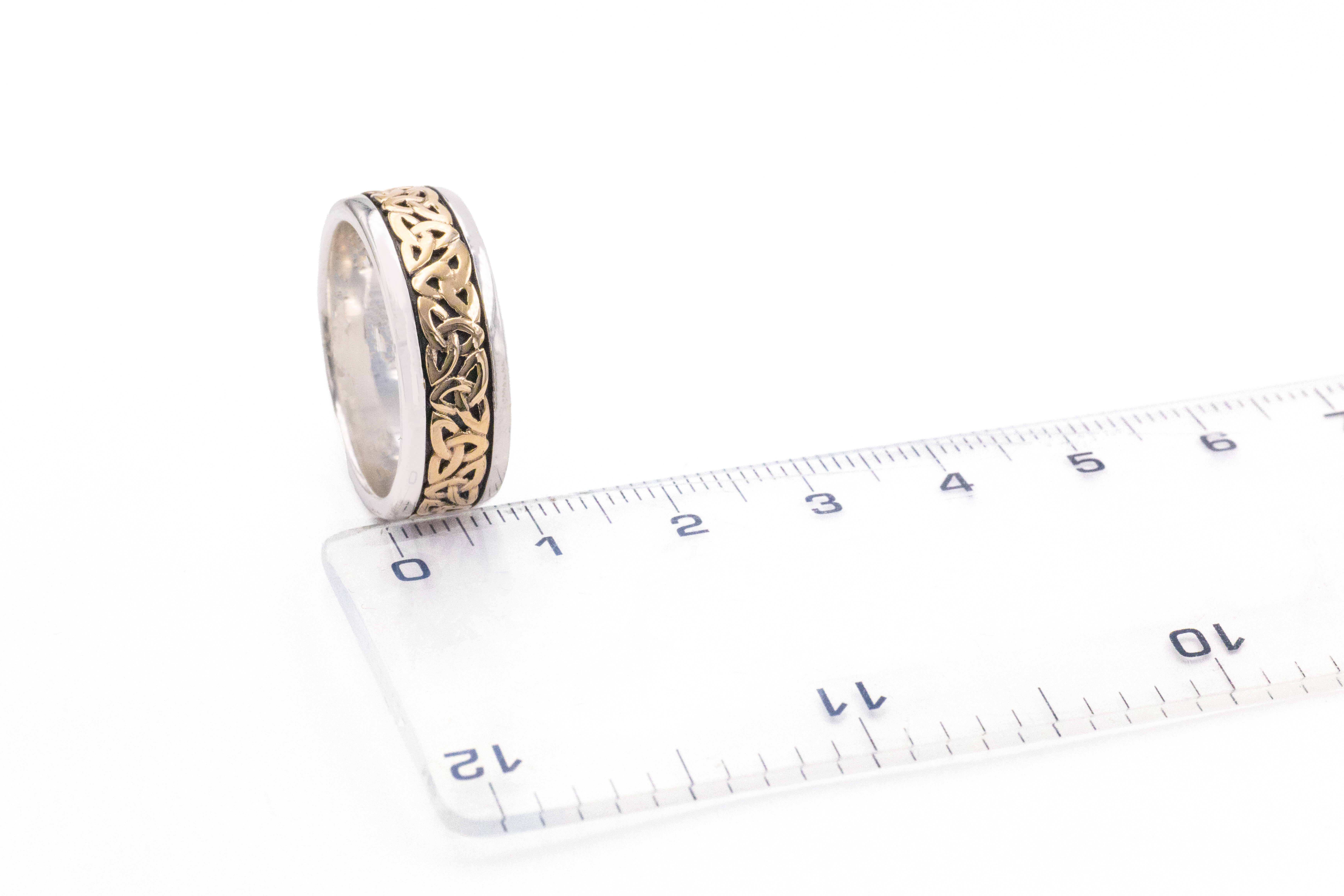 Real Sterling Silver & 10K Yellow Gold Celtic Knot 8.0mm Ring For Men With a Oxidized Finish. Picture For Scale.