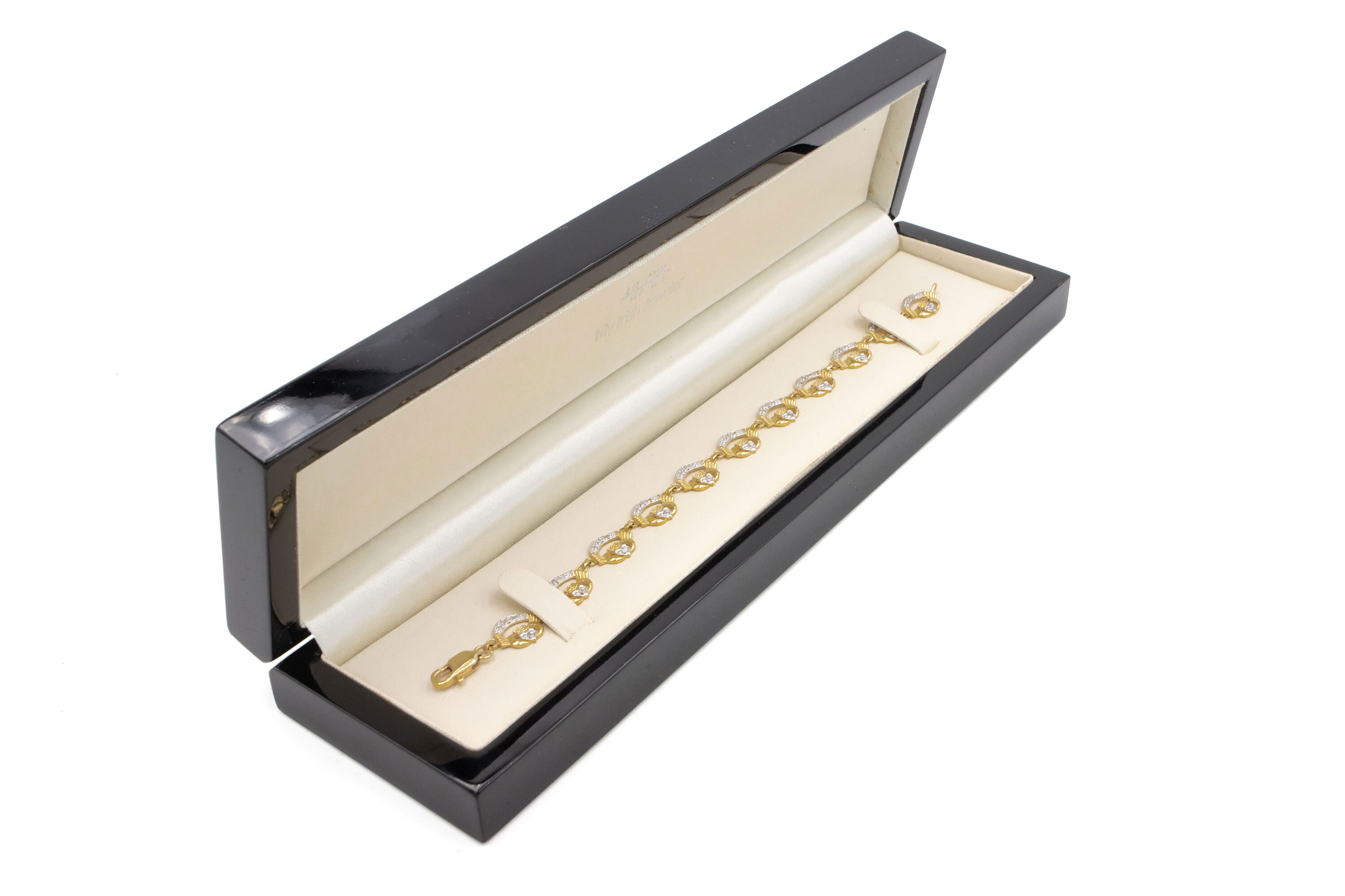 Womens Yellow Gold Claddagh Bracelet. In Luxury Packaging.
