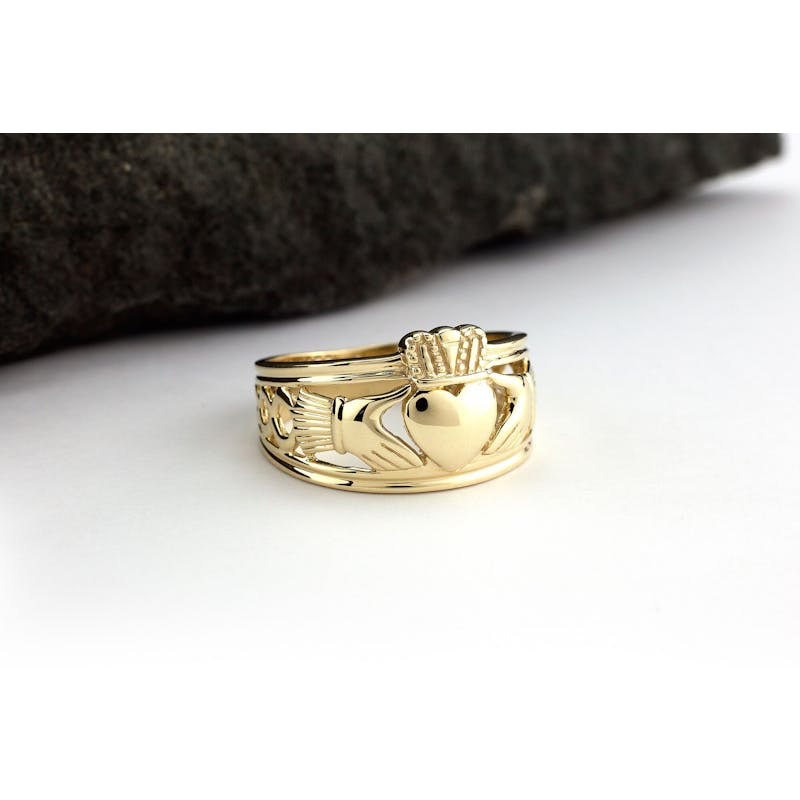 Mens 9K Gold Claddagh Ring with Celtic Knot