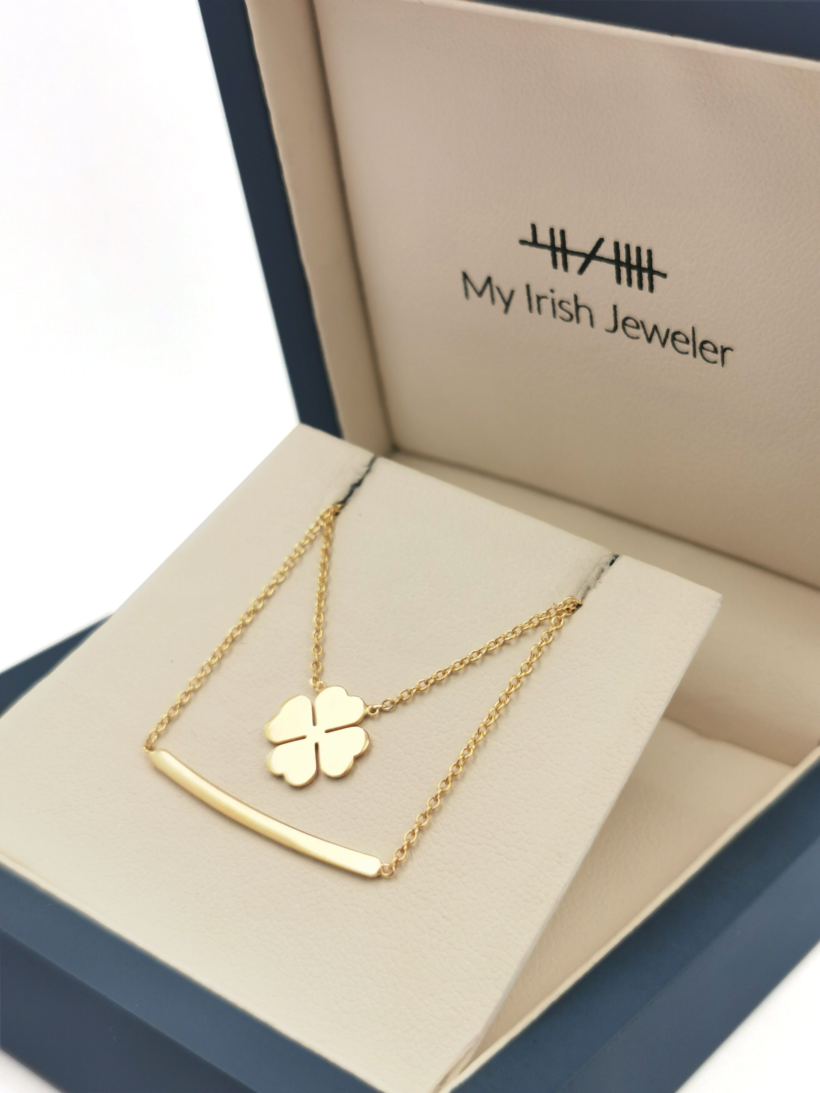 Gorgeous Yellow Gold Shamrock Necklace For Women. In Luxury Packaging.