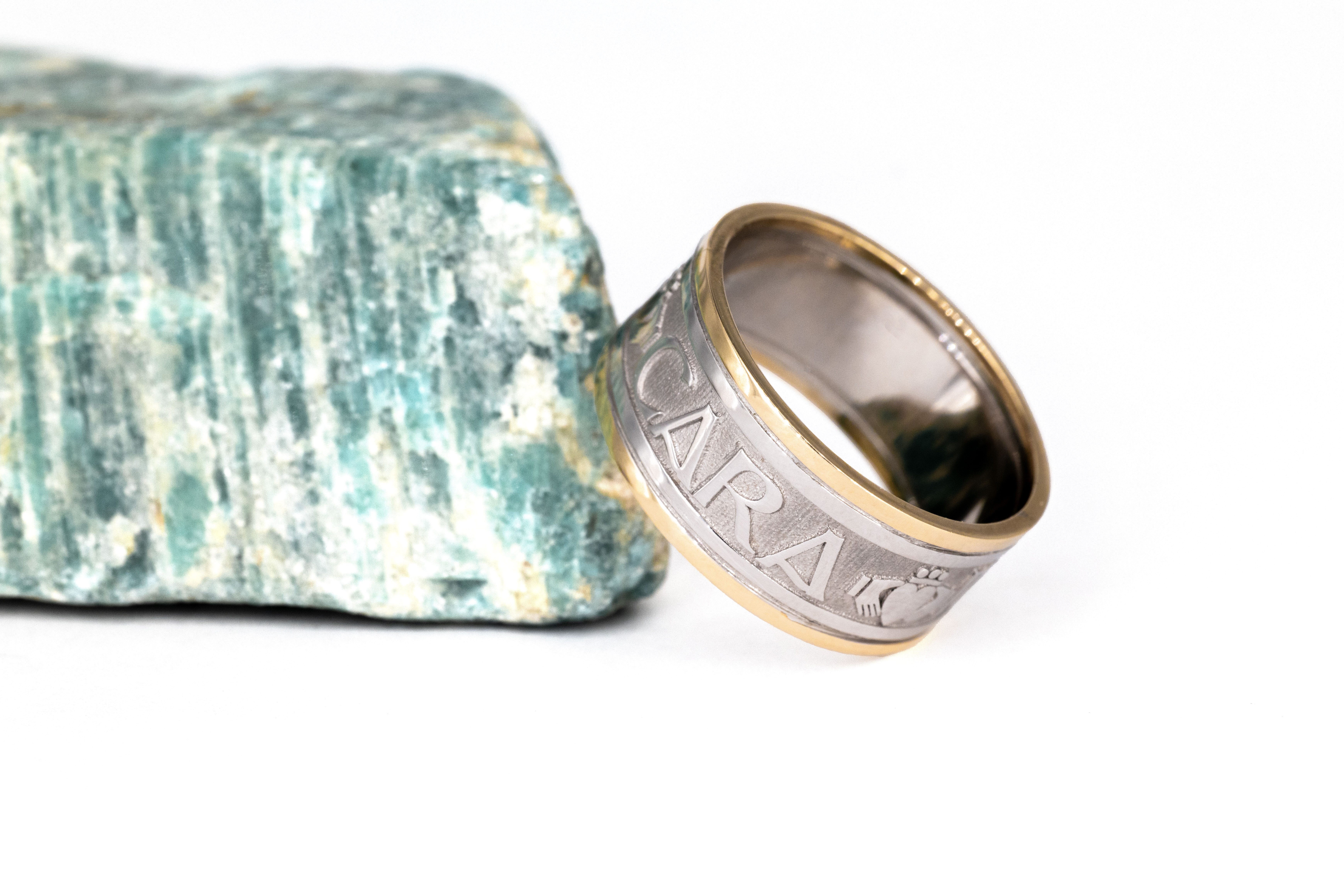 Mens Genuine Sterling Silver & 10K Yellow Gold Mo Anam Cara & Gaelic Ring. Side View.