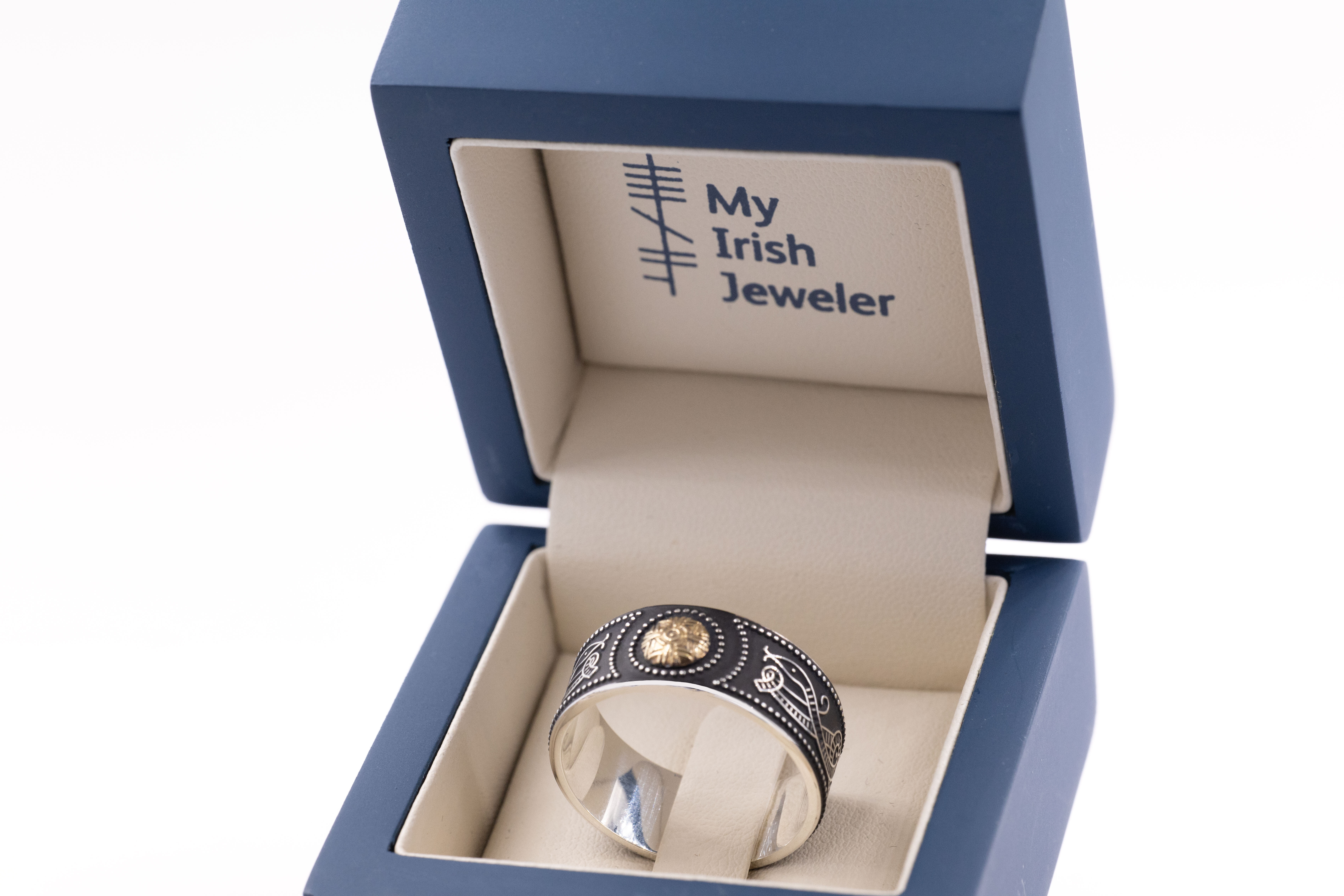 Attractive Sterling Silver & Yellow Gold Celtic Warrior Ring With a Oxidised Finish. In Luxury Packaging.