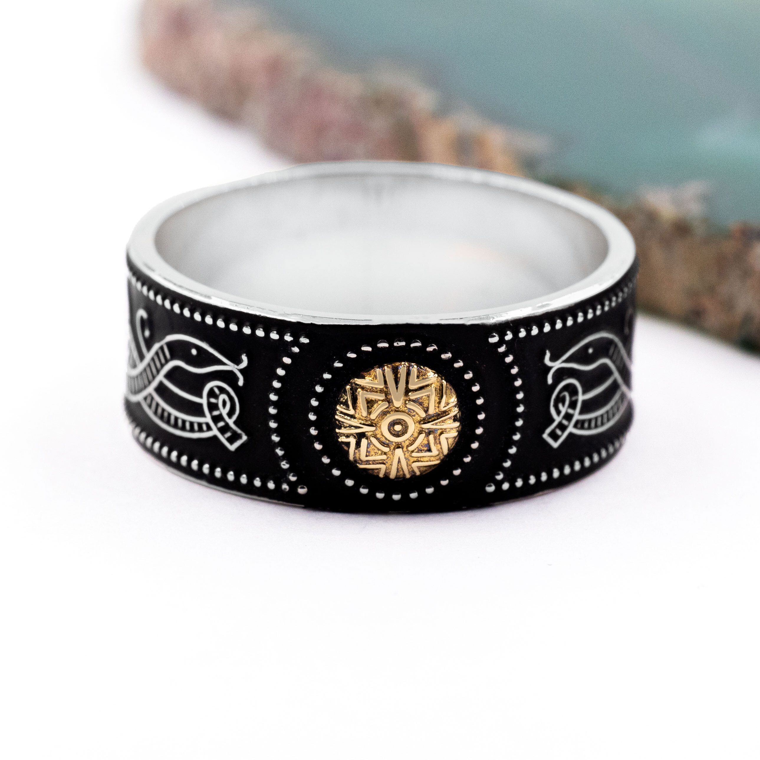 Oxidised Celtic Warrior Wedding Ring in Real Sterling Silver & Yellow Gold