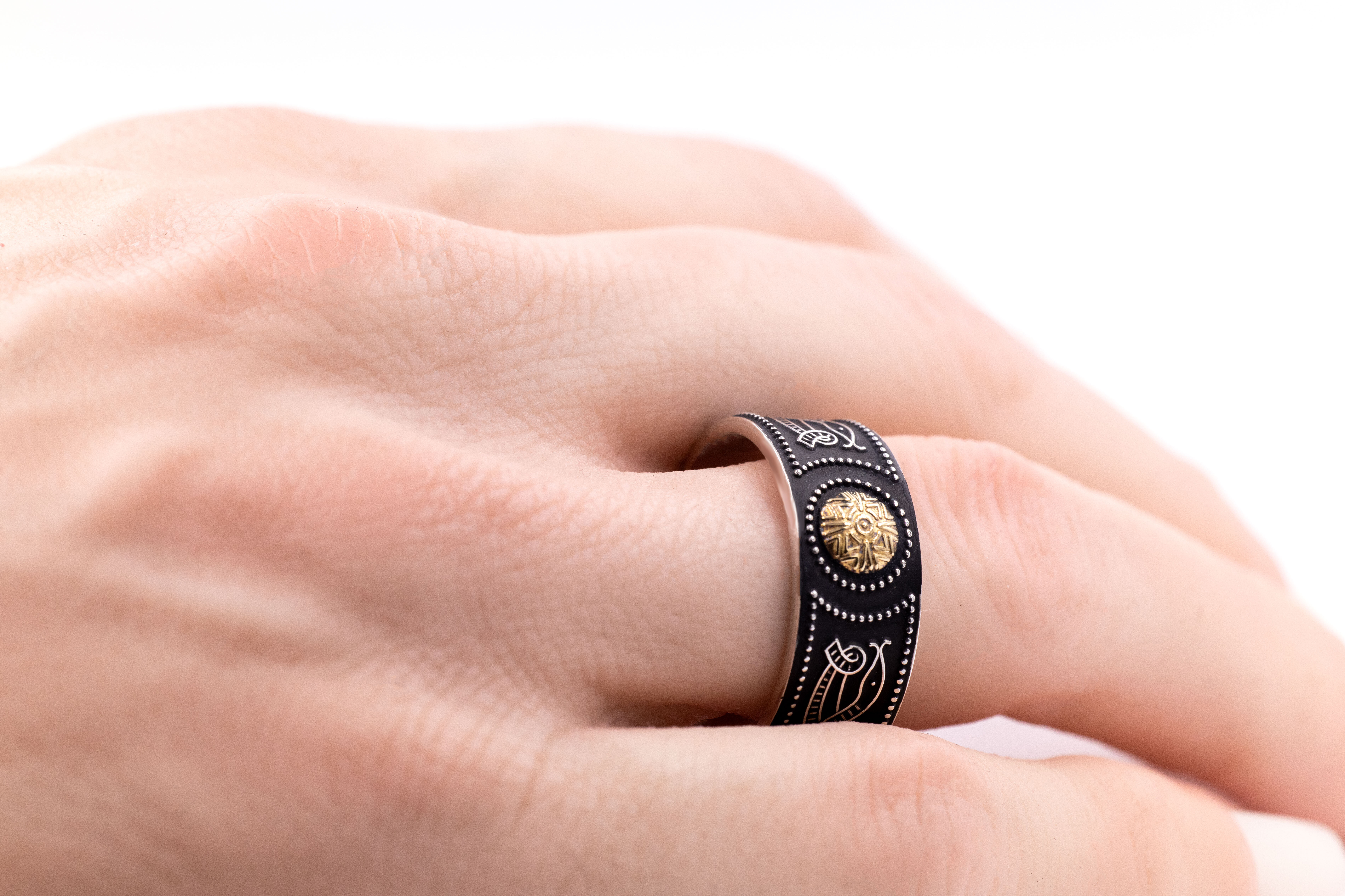 Oxidised Sterling Silver & Yellow Gold Celtic Warrior Wedding Ring - Model Photo