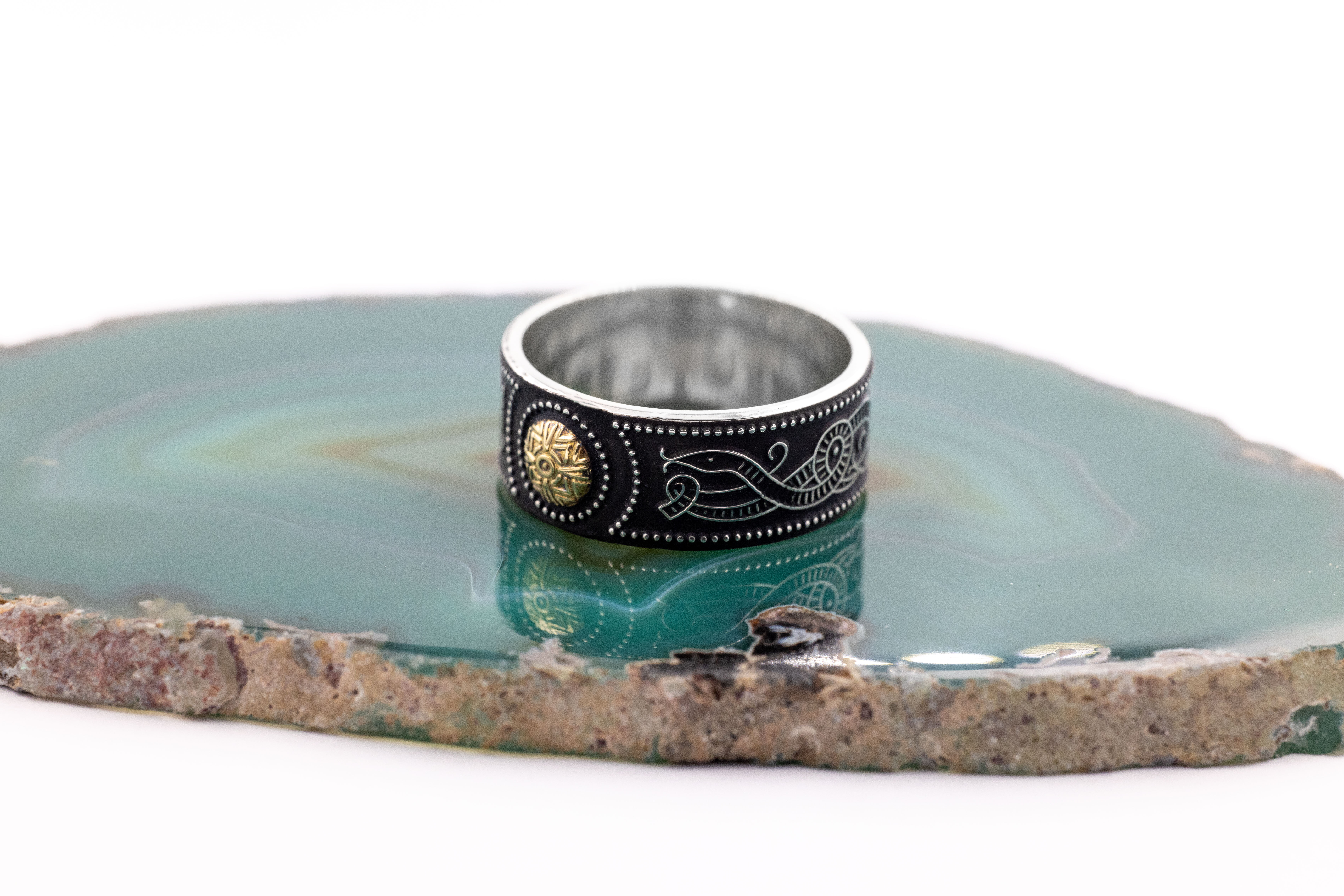 Attractive Sterling Silver & Yellow Gold Celtic Warrior 9.0mm Ring With a Oxidised Finish. Side View.