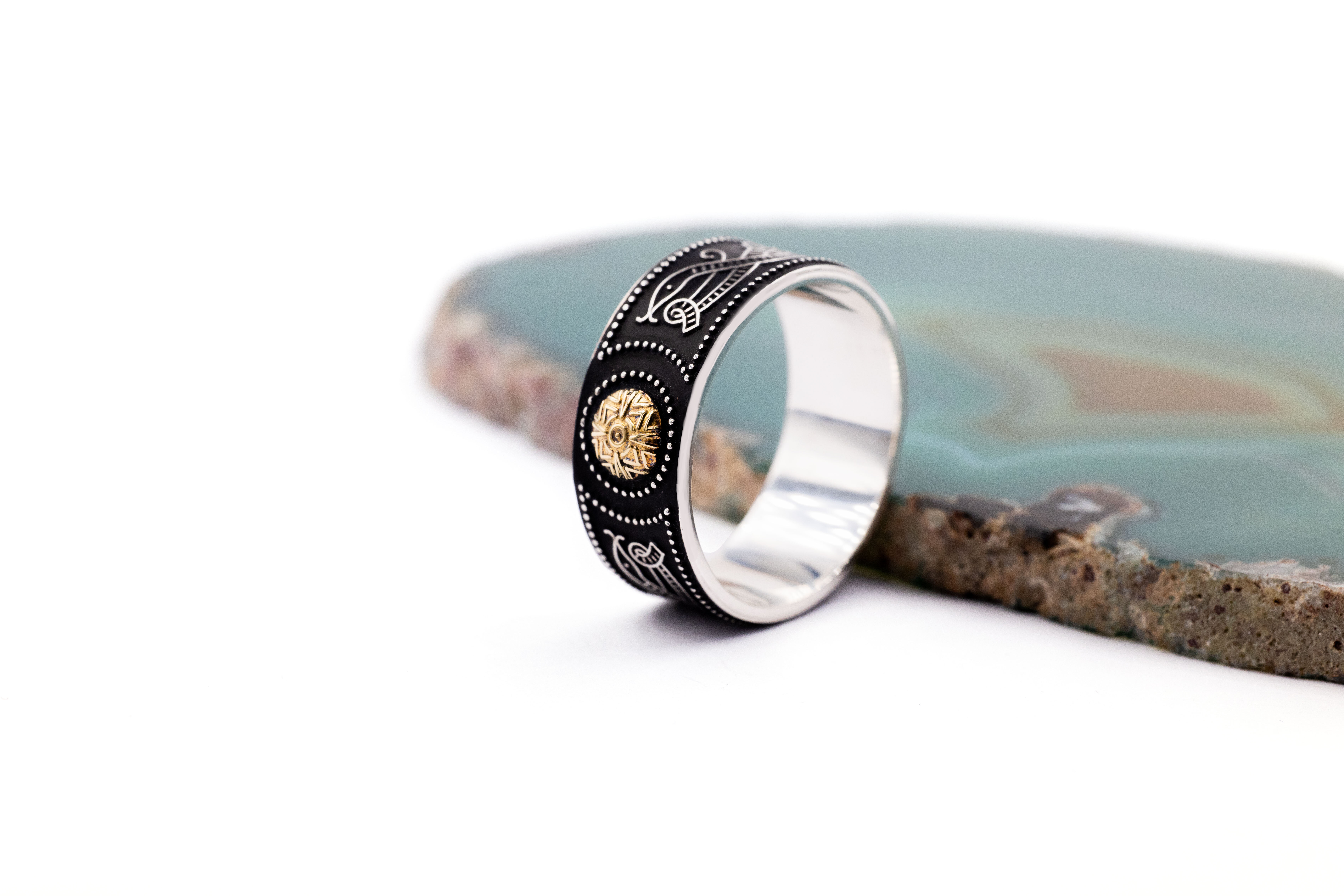 Real Sterling Silver & Yellow Gold Celtic Warrior 6.0mm Ring With a Oxidised Finish. Side View.