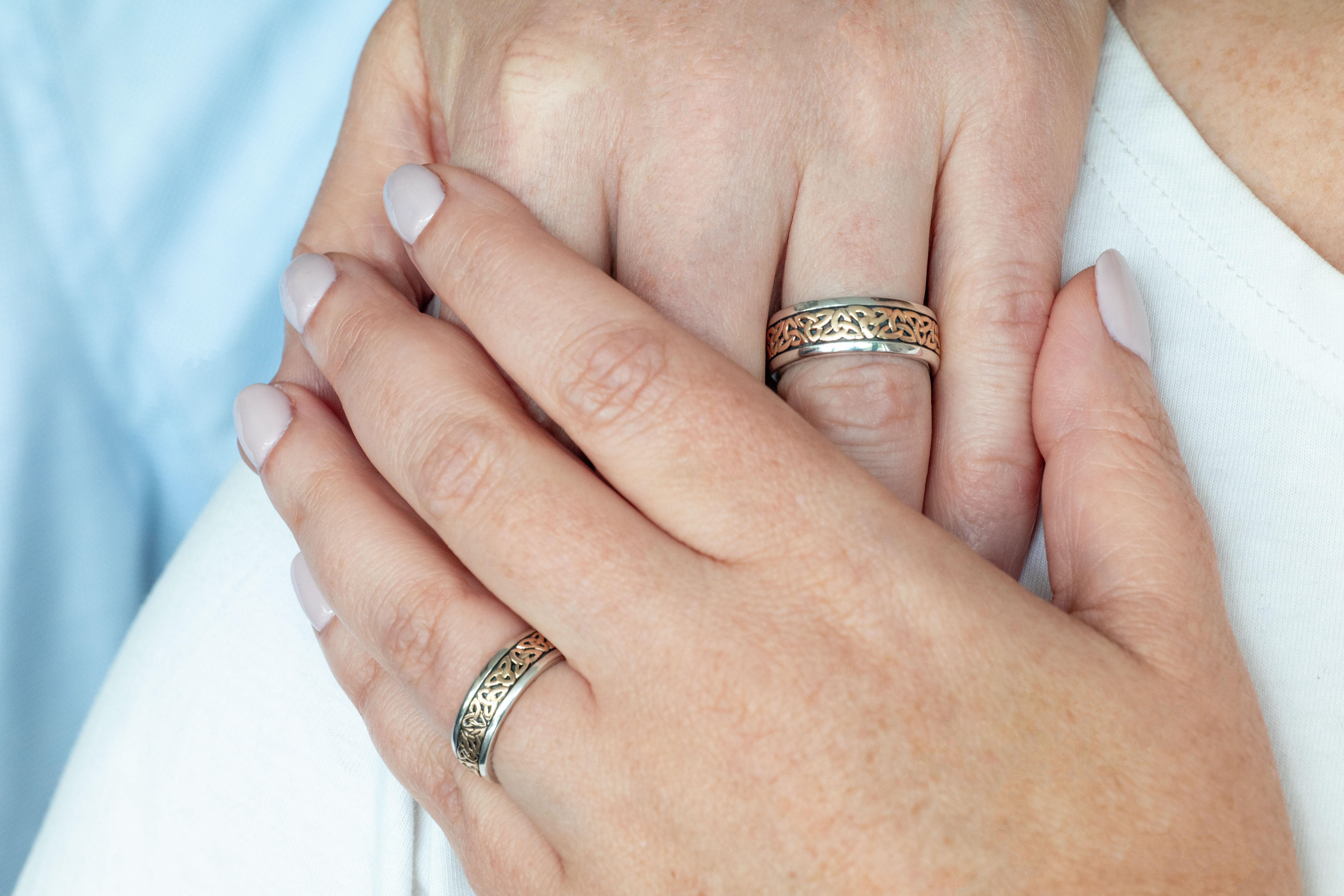 Attractive Sterling Silver & 10K Yellow Gold Trinity Knot Gift Set With a Oxidised Finish - Model Photo