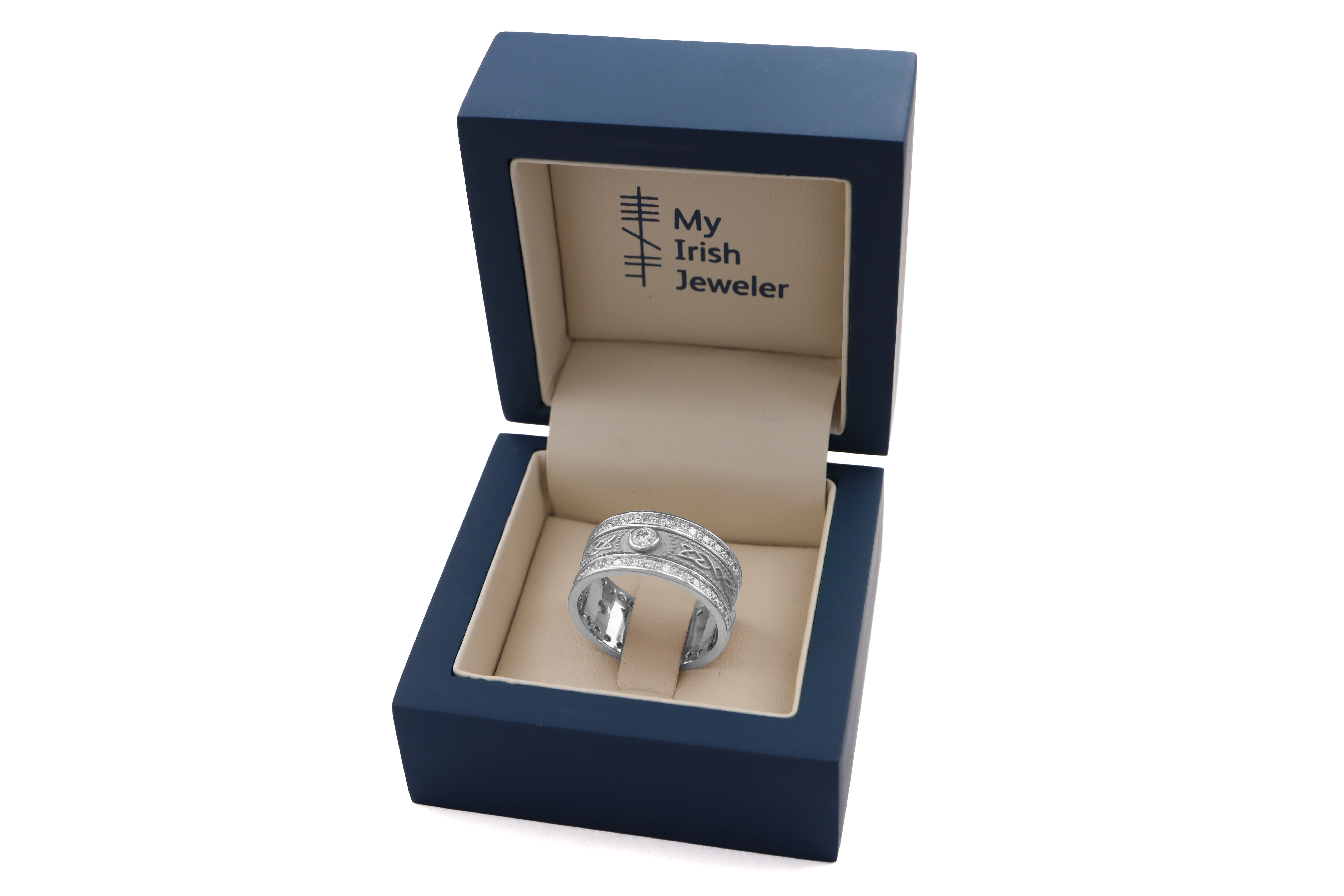 Gorgeous Platinum Celtic Knot & Ardagh Chalice 9.5mm Ring For Women With a Florentine Finish. In Luxury Packaging.