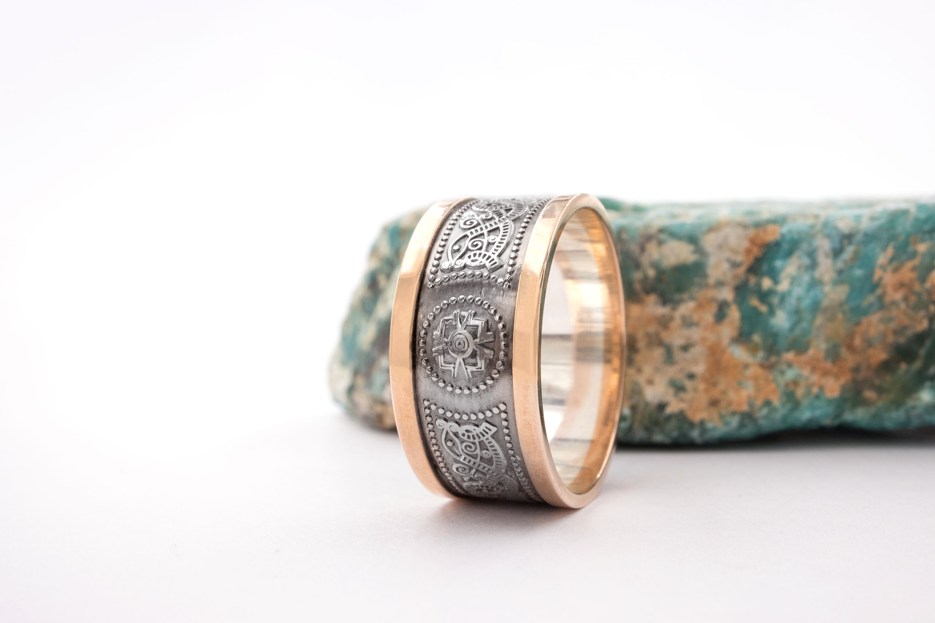 Irish Sterling Silver & 10K Rose Gold Ardagh Chalice & Celtic Knot Wedding Ring With a Oxidised Finish