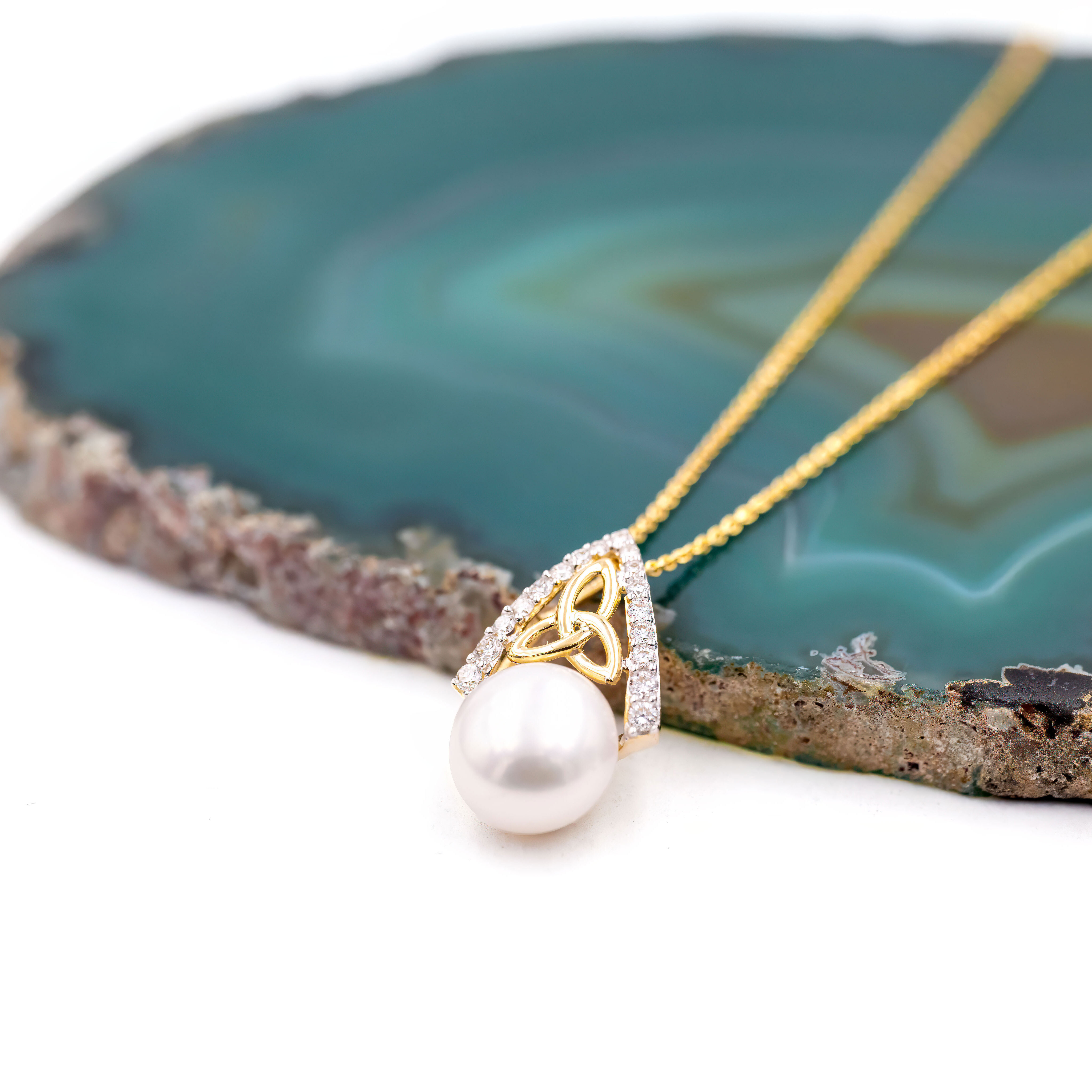 Freshwater Pearl and Lab Diamond Trinity Knot Necklace