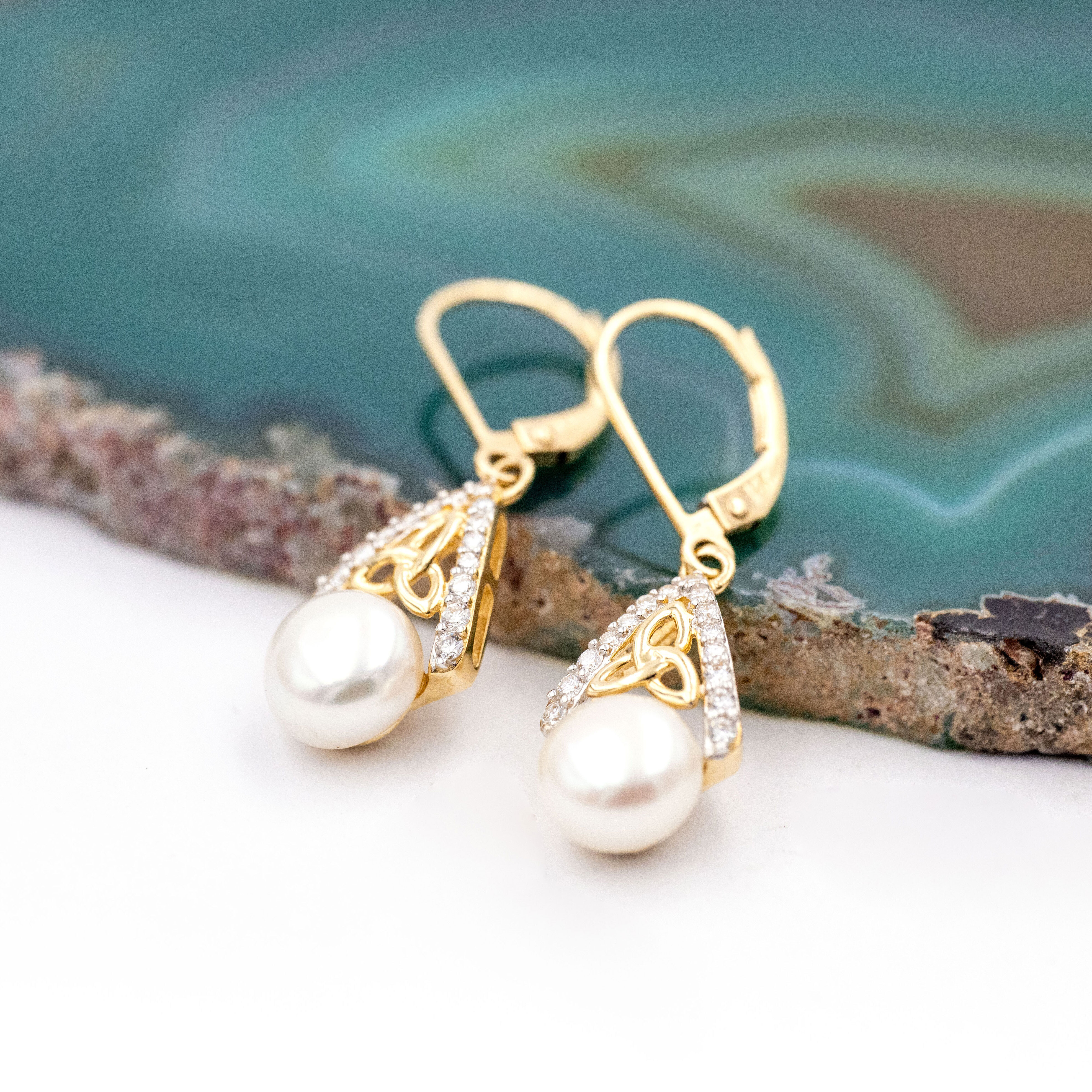Freshwater Pearl and Lab Diamond Trinity Knot Earrings