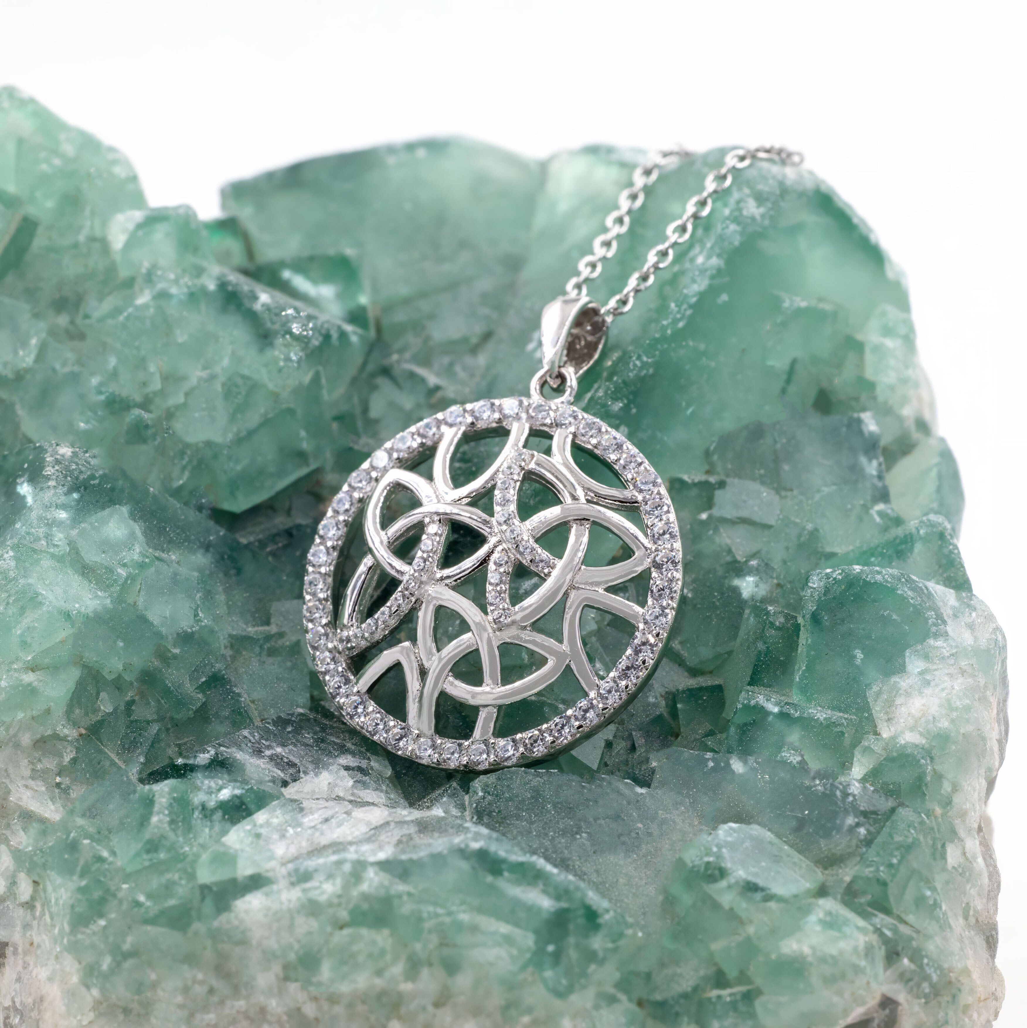 Round Halo Trinity Knot Necklace