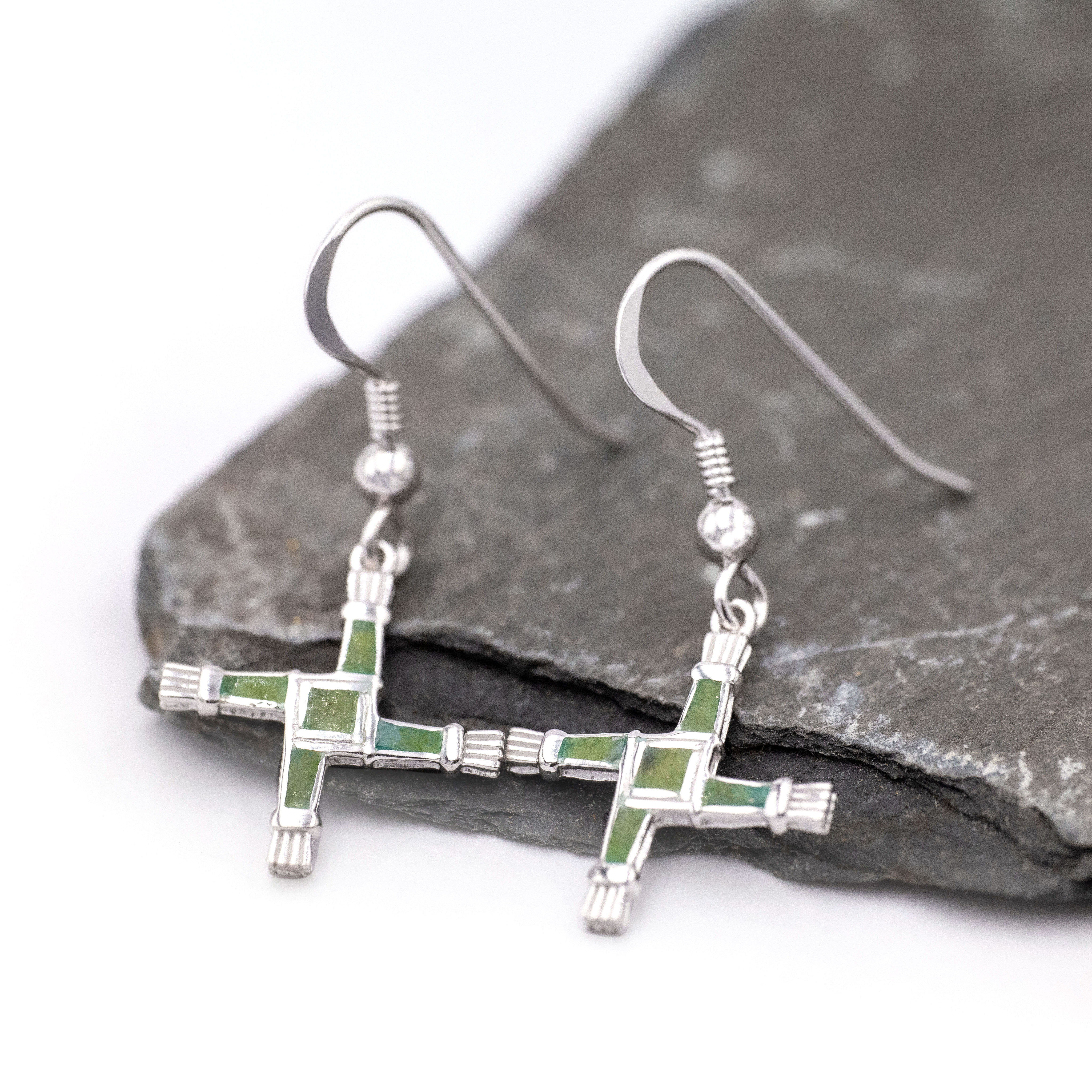 Striking Sterling Silver St Brigids Cross & Connemara Marble Earrings With a Polished Finish For Women