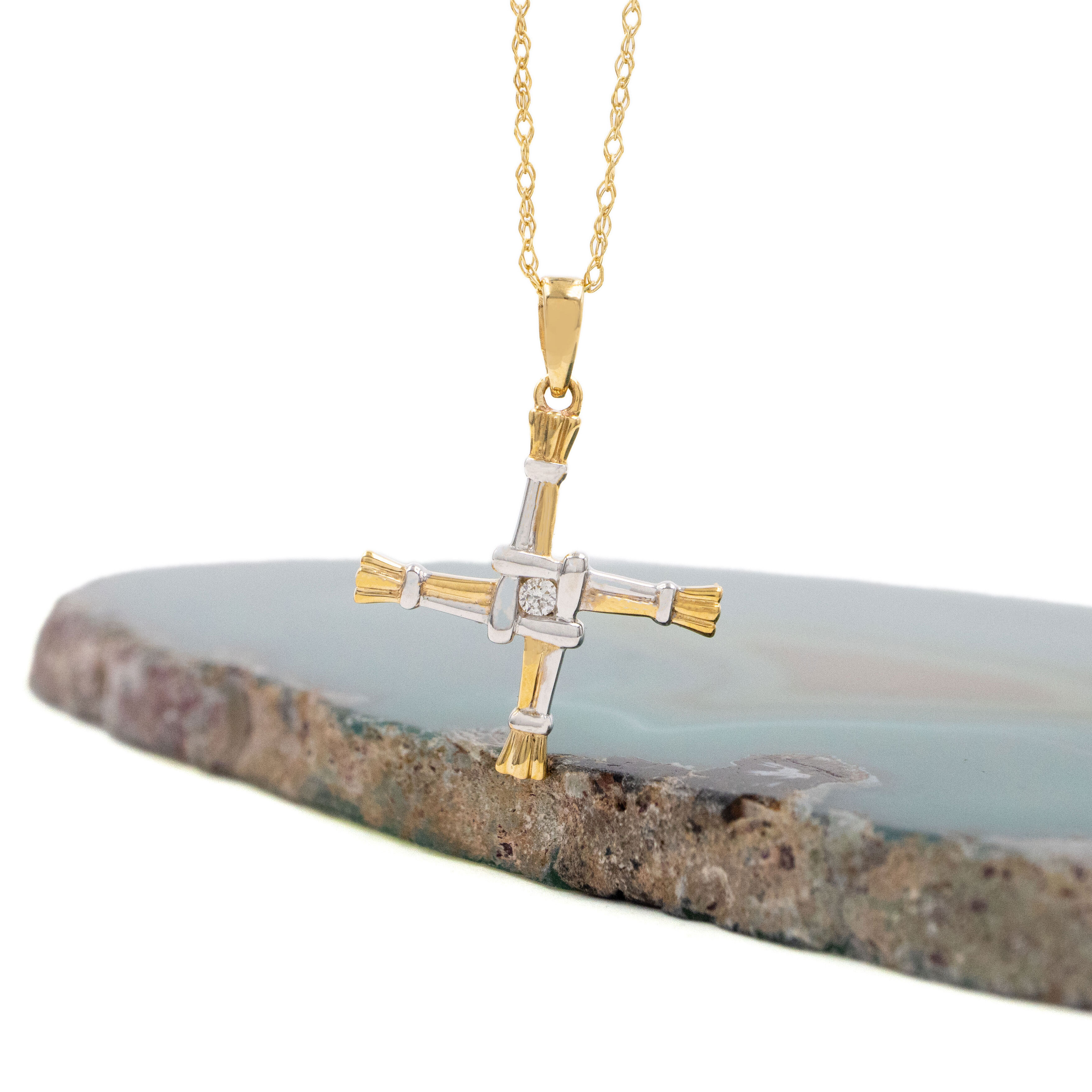 Two Tone Gold Diamond Set St Brigids Cross Necklace
