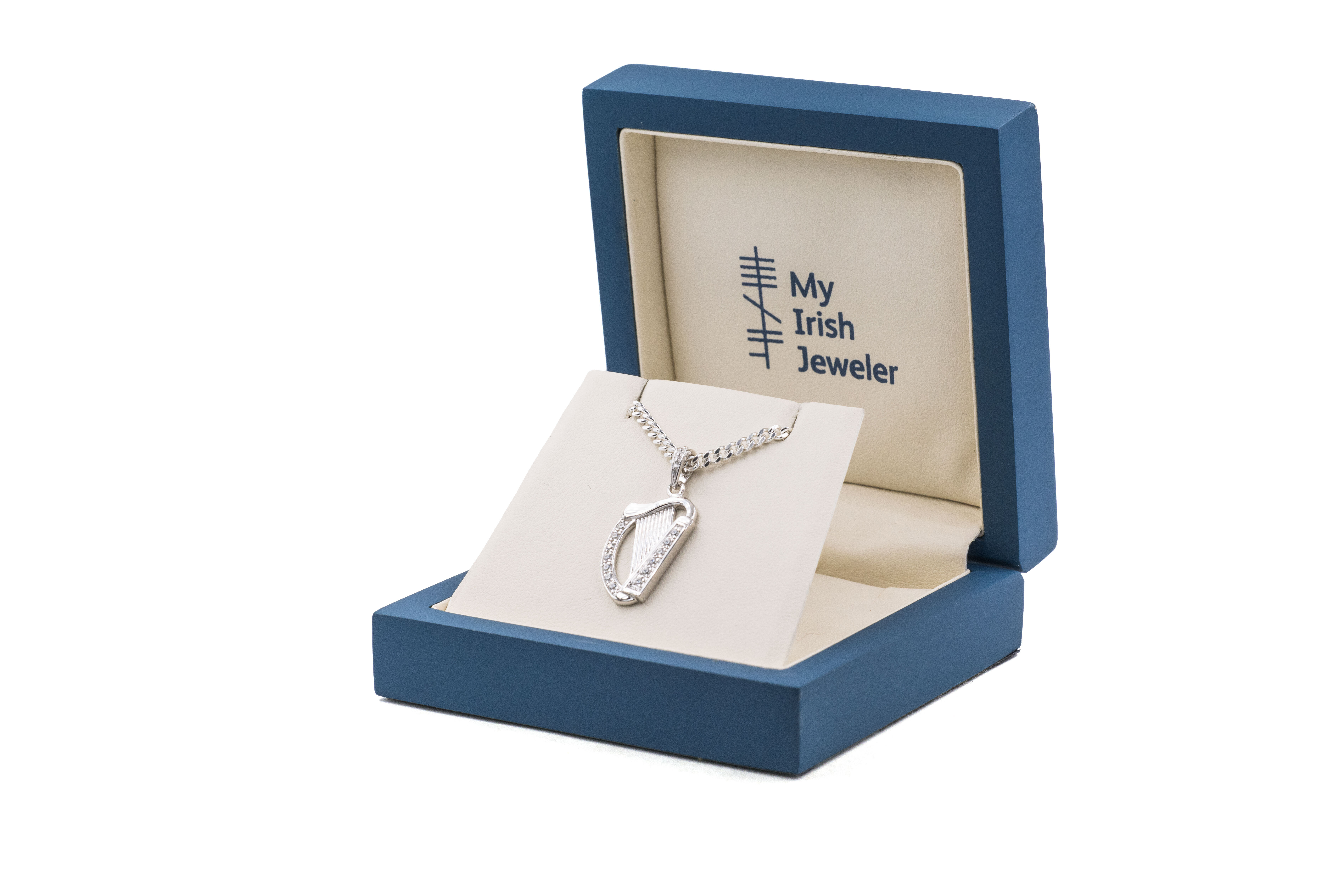 Polished Irish Harp Necklace in Real Sterling Silver. In Luxury Packaging.