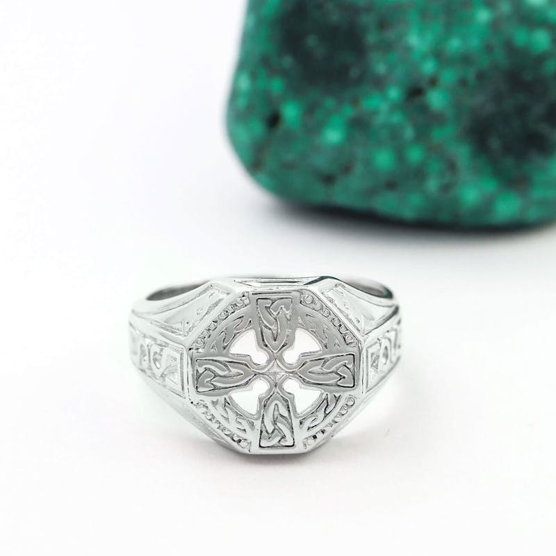 Celtic Cross Signet Ring - Silver or White Gold
