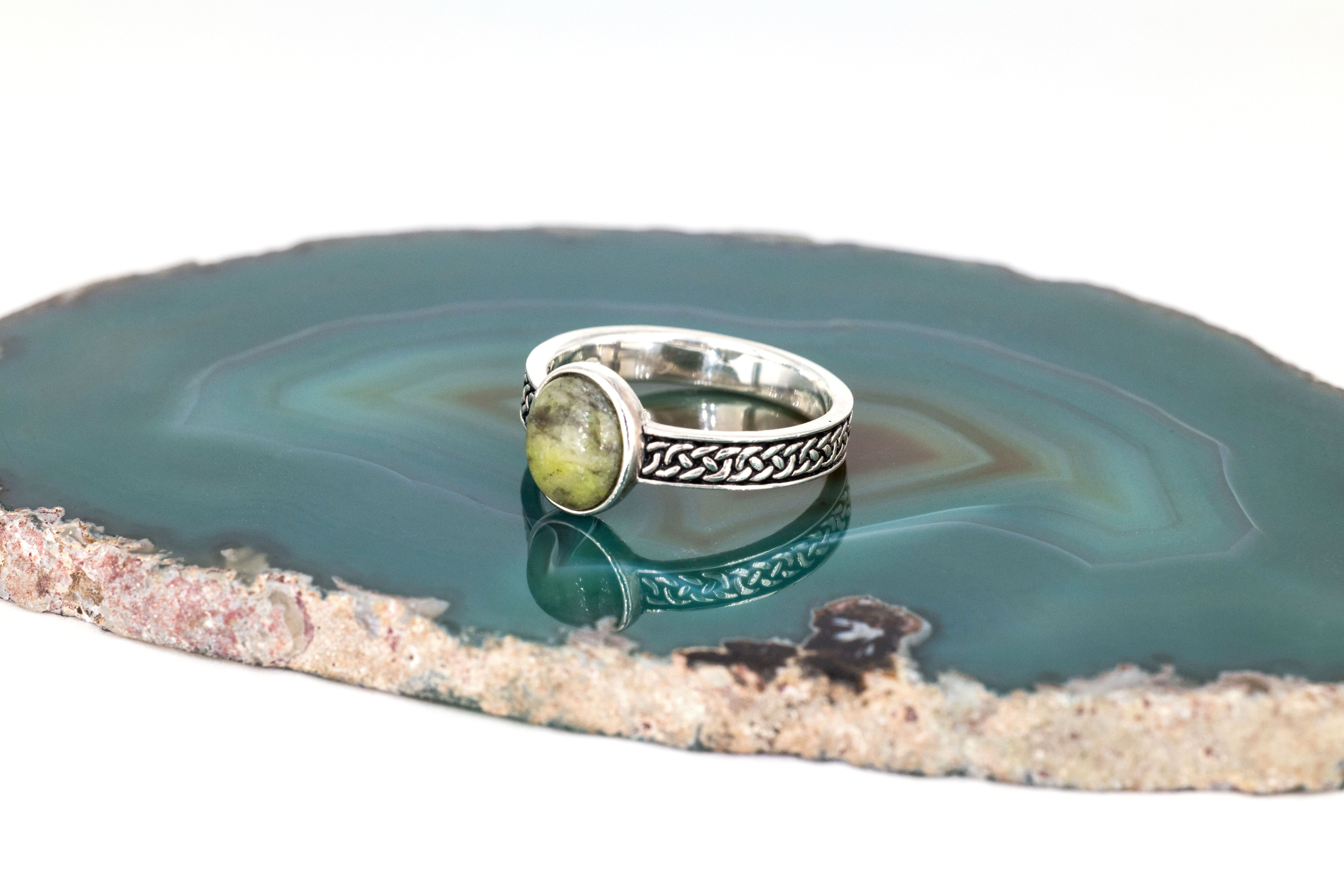 Attractive Sterling Silver Connemara Marble & Celtic Knot Ring For Women With a Oxidized Finish