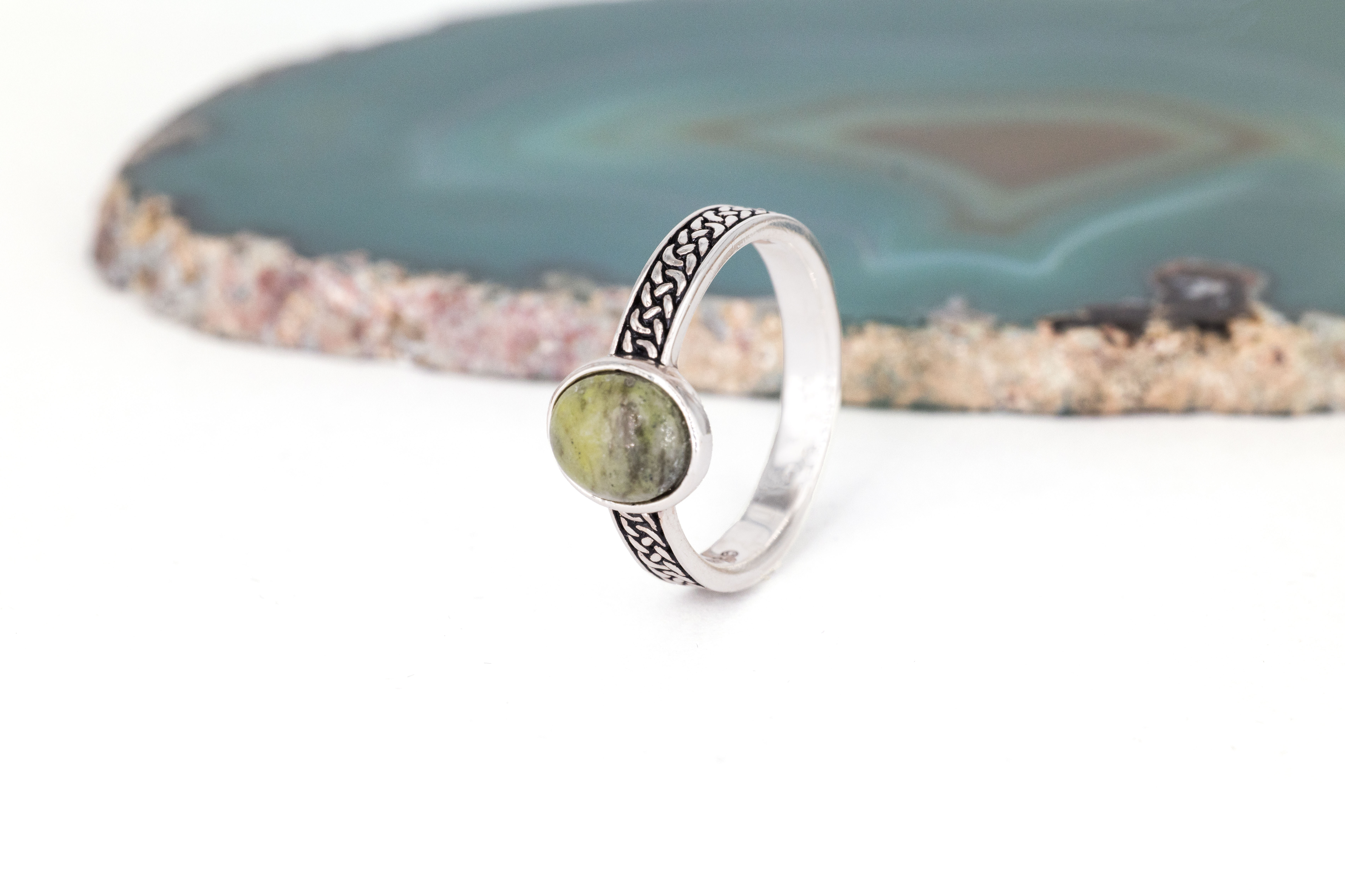 Genuine Sterling Silver Connemara Marble & Celtic Knot Ring For Women With a Oxidized Finish