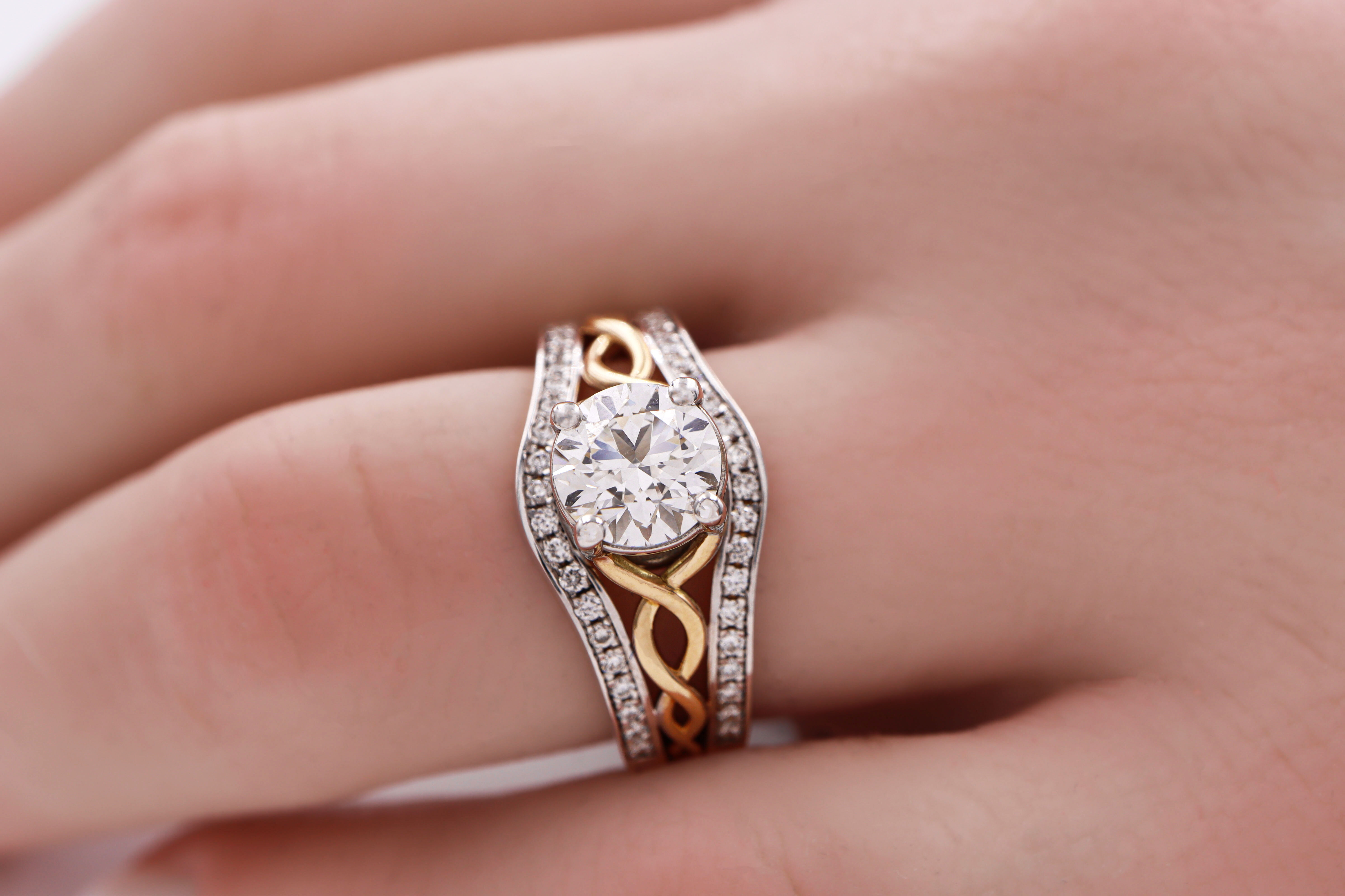 Womens Celtic Knot 1.00ct Lab Grown Diamond Engagement Ring in Yellow Gold & White Gold With a Polished Finish - Model Photo