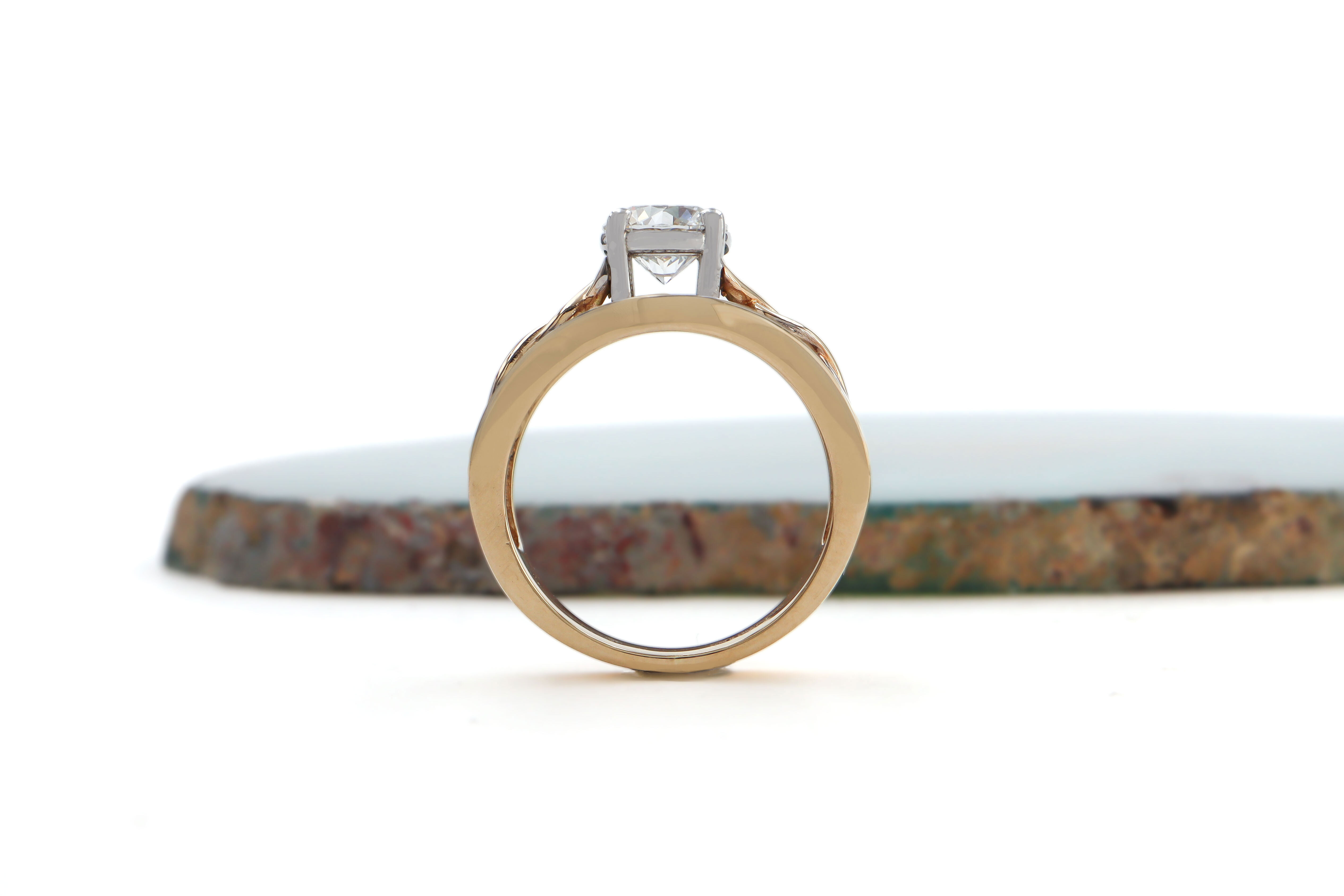 Womens Polished Celtic Knot Engagement Ring in Real Yellow Gold & White Gold. Side View.