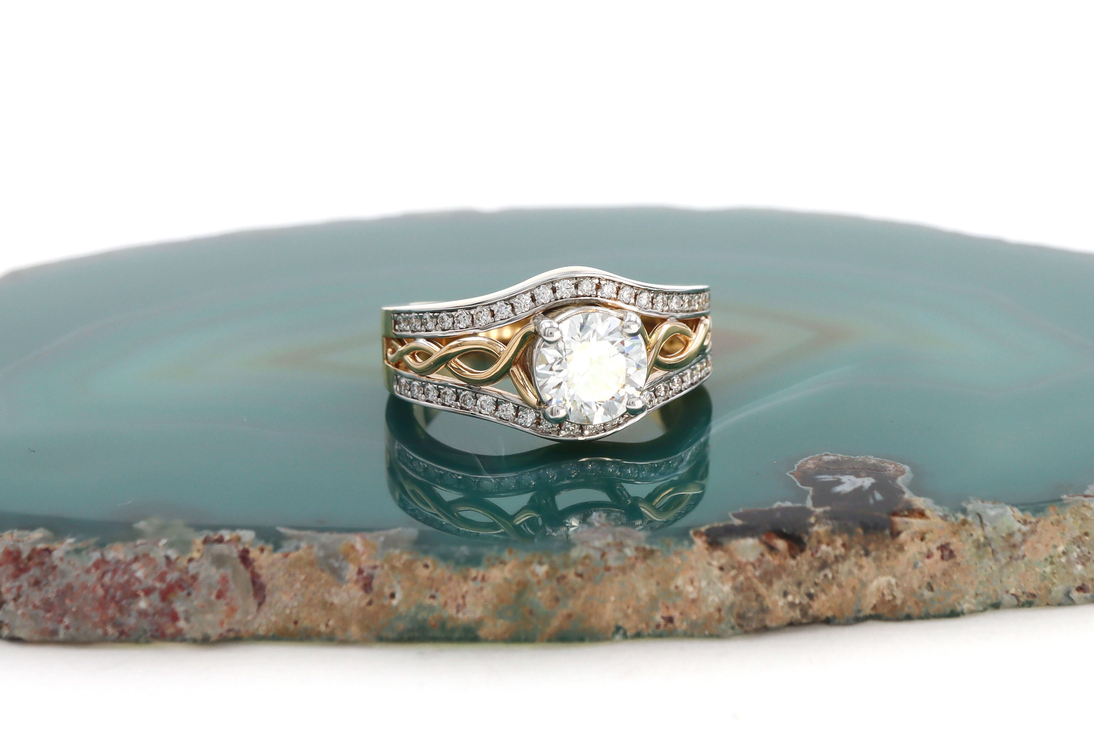 Luxurious 14K Yellow Gold & White Gold Celtic Knot 1.00ct Lab Grown Diamond Engagement Ring For Women With a Polished Finish. Side View.