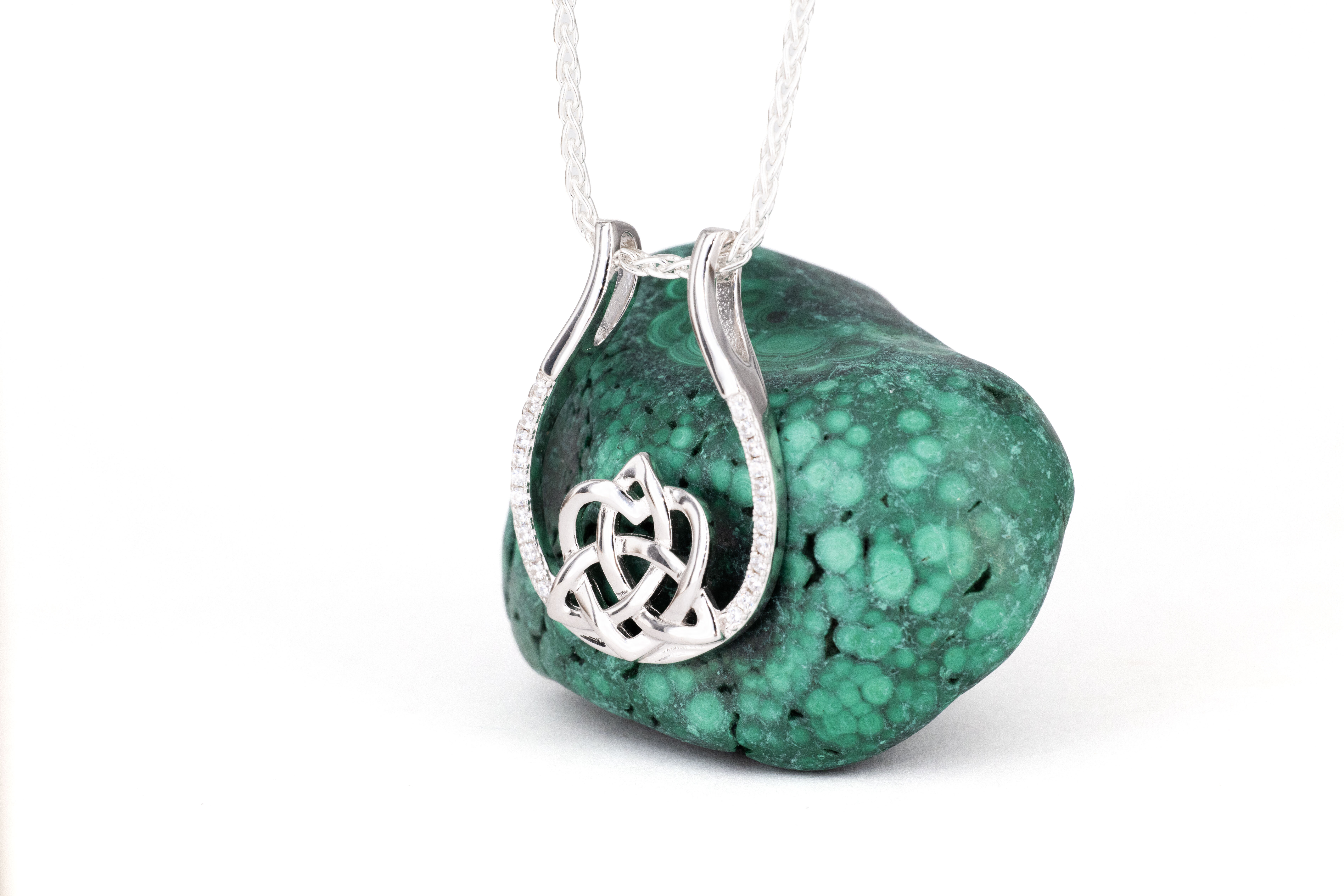 Womens Polished Sterling Silver Celtic Knot & Trinity Knot Necklace. Side View.