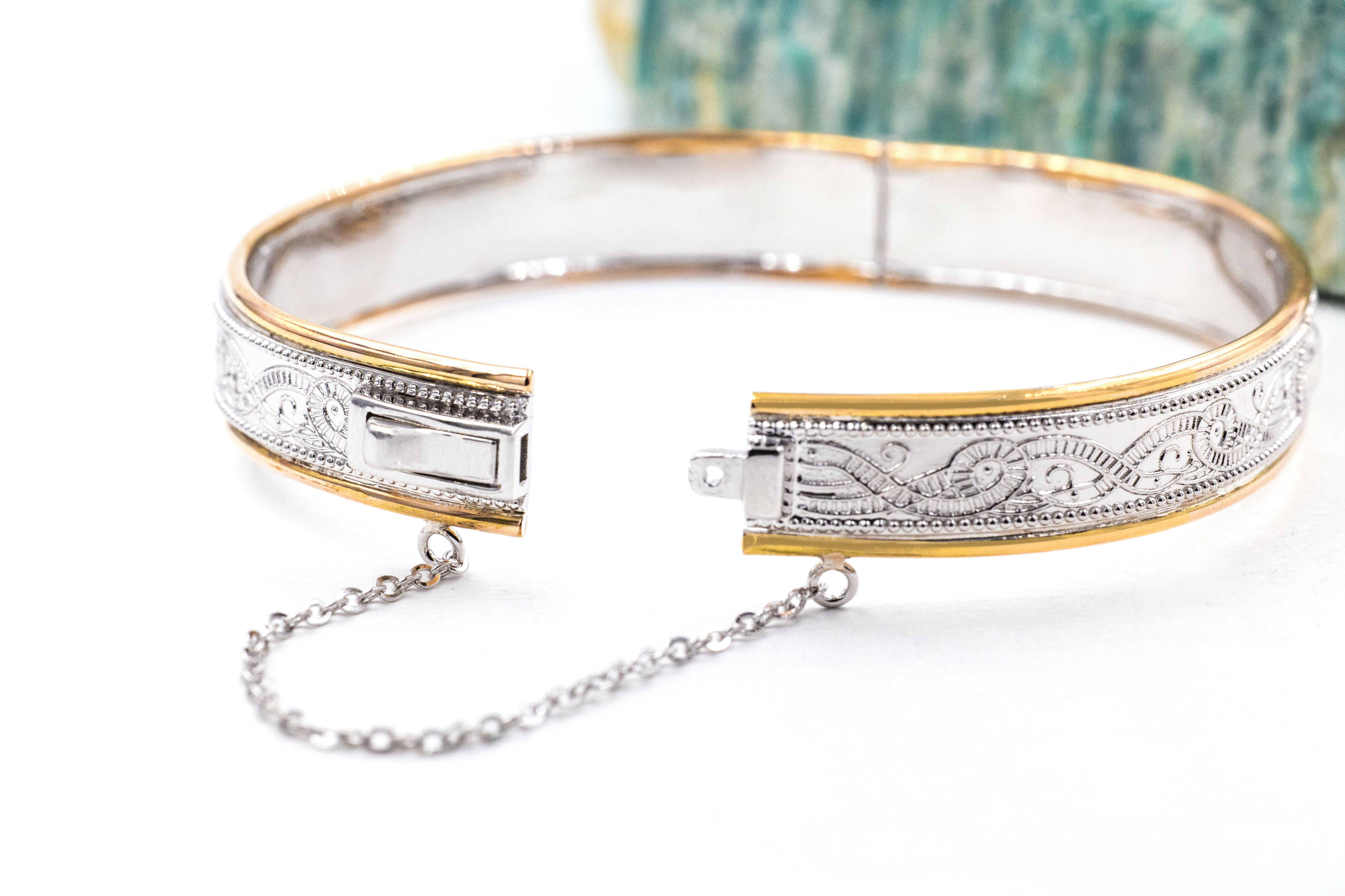 Womens Sterling Silver & Yellow Gold Celtic Warrior Bracelet. Photographed Open.