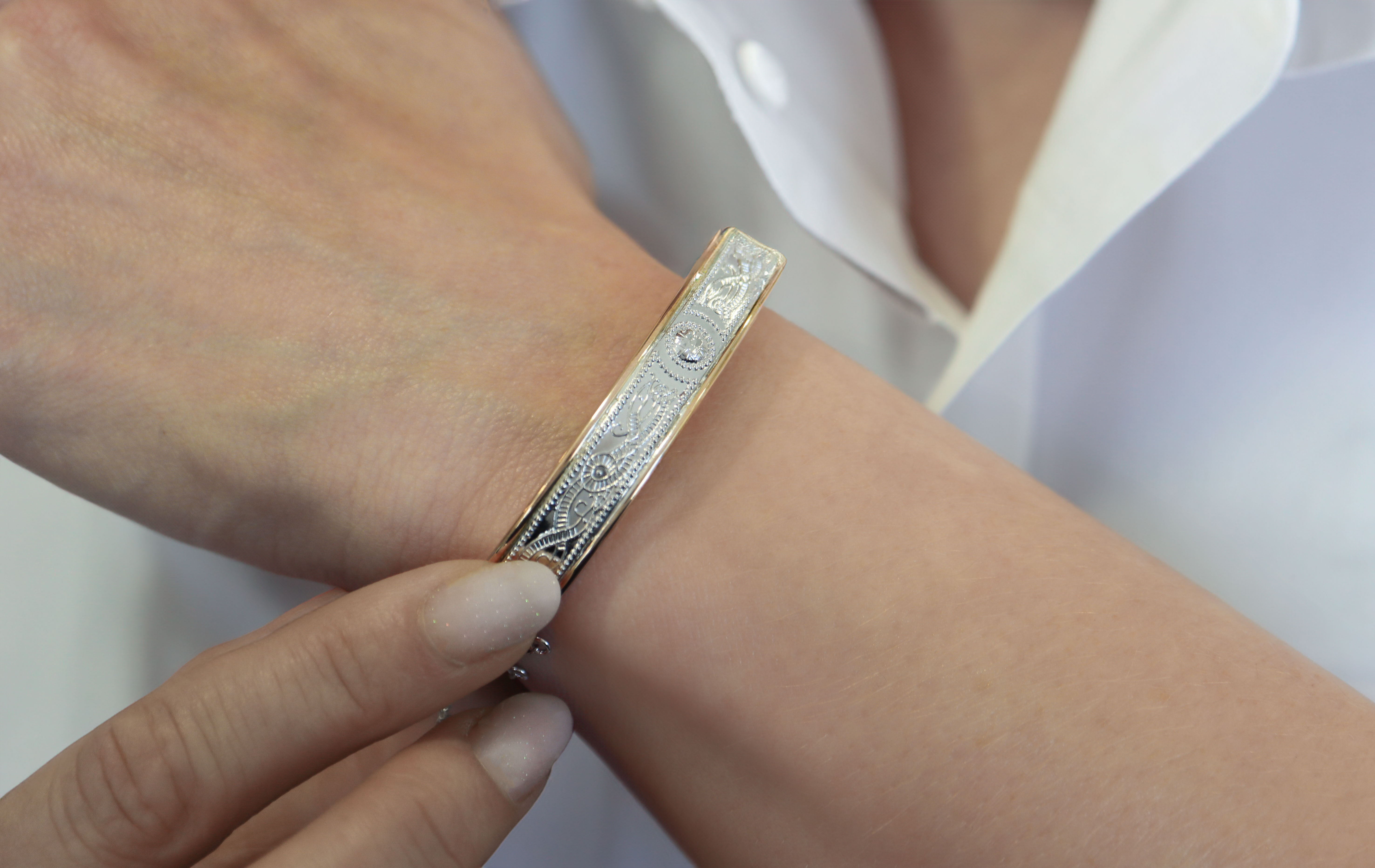 Authentic Sterling Silver & 14K Yellow Gold Celtic Warrior Bangle For Women - Model Photo