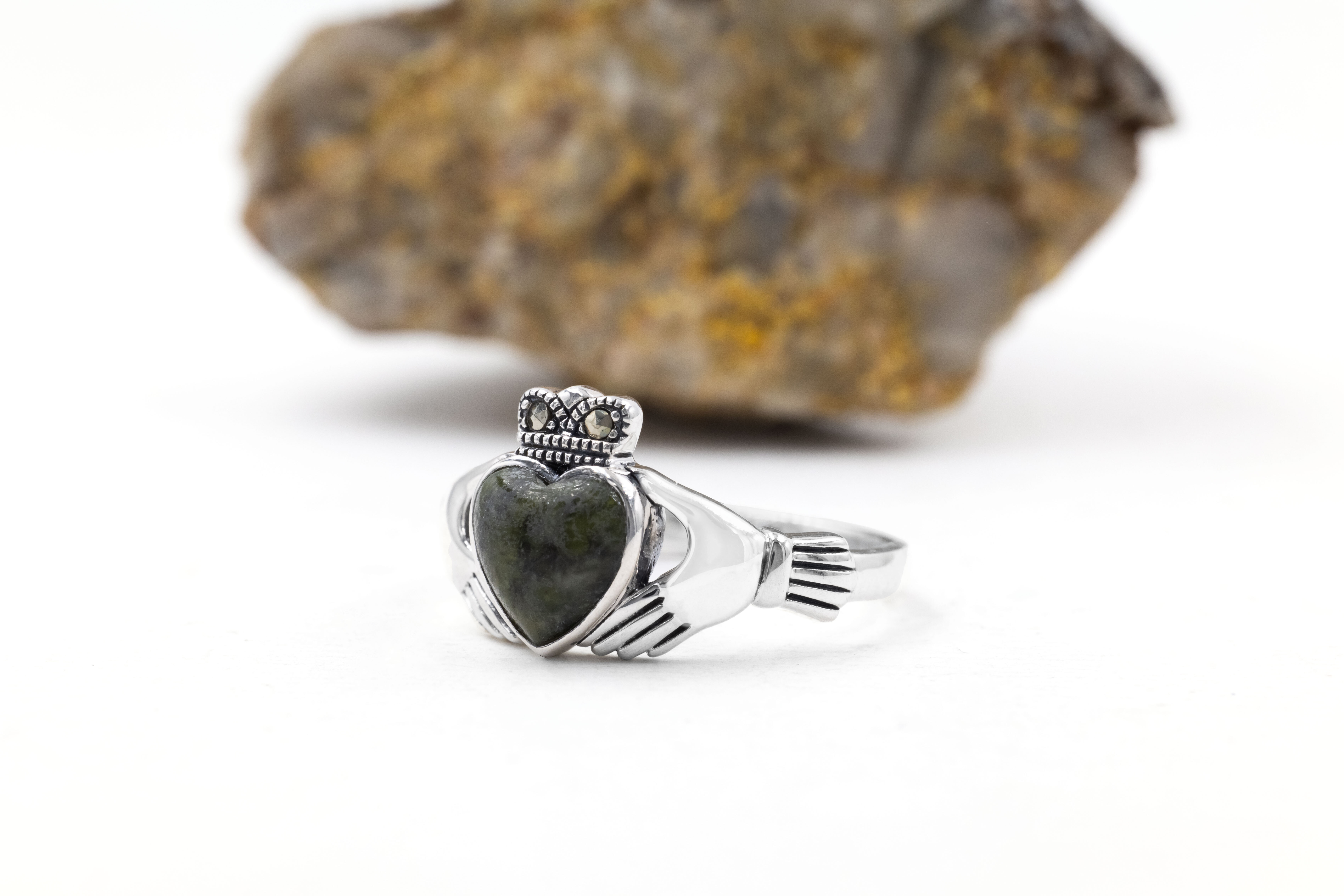 Gorgeous Sterling Silver Connemara Marble Ring With a Polished Finish For Women. Side View.