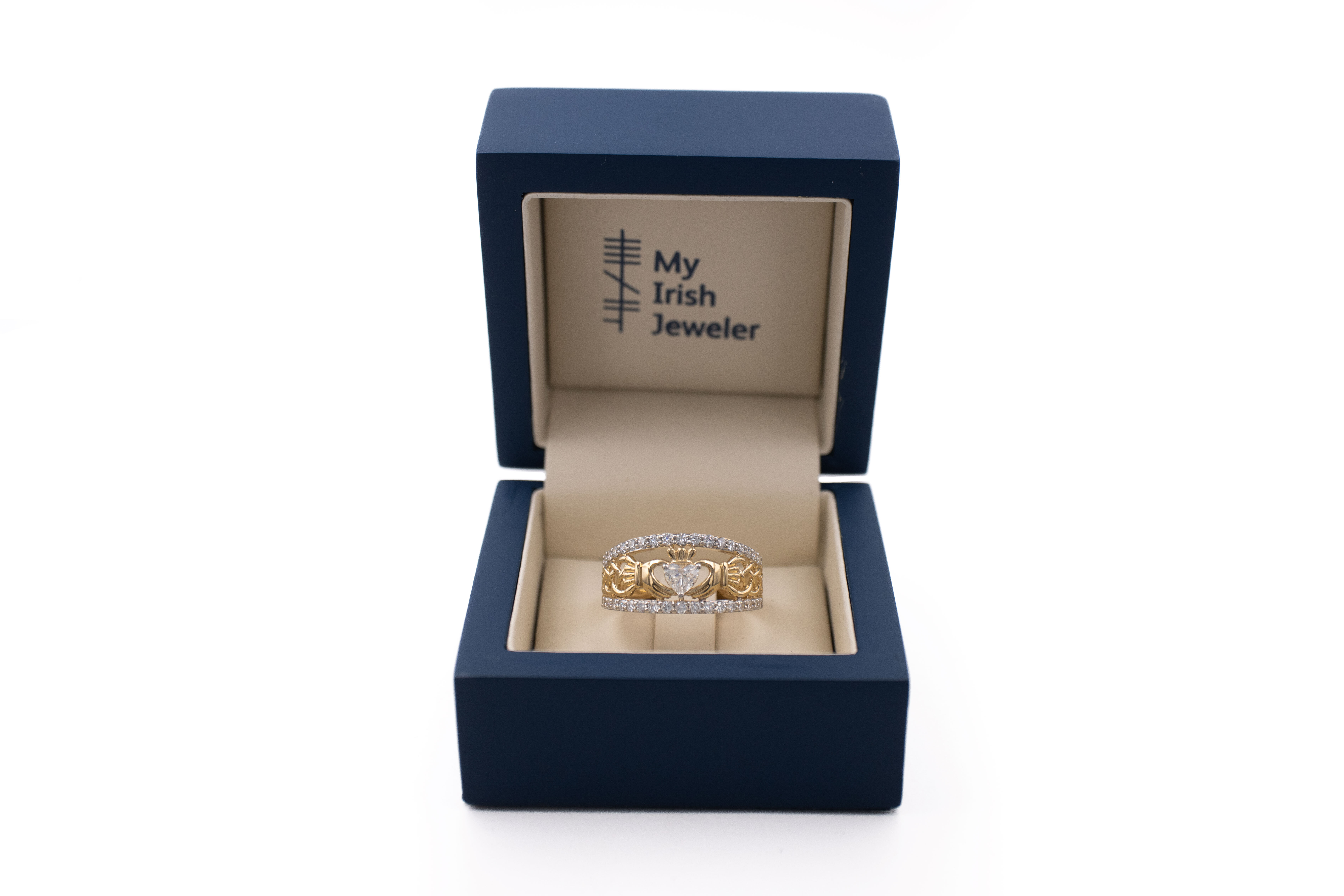 Genuine 14K Yellow Gold Claddagh & Celtic Knot Anniversary Ring With a Polished Finish For Women. In Luxury Packaging.