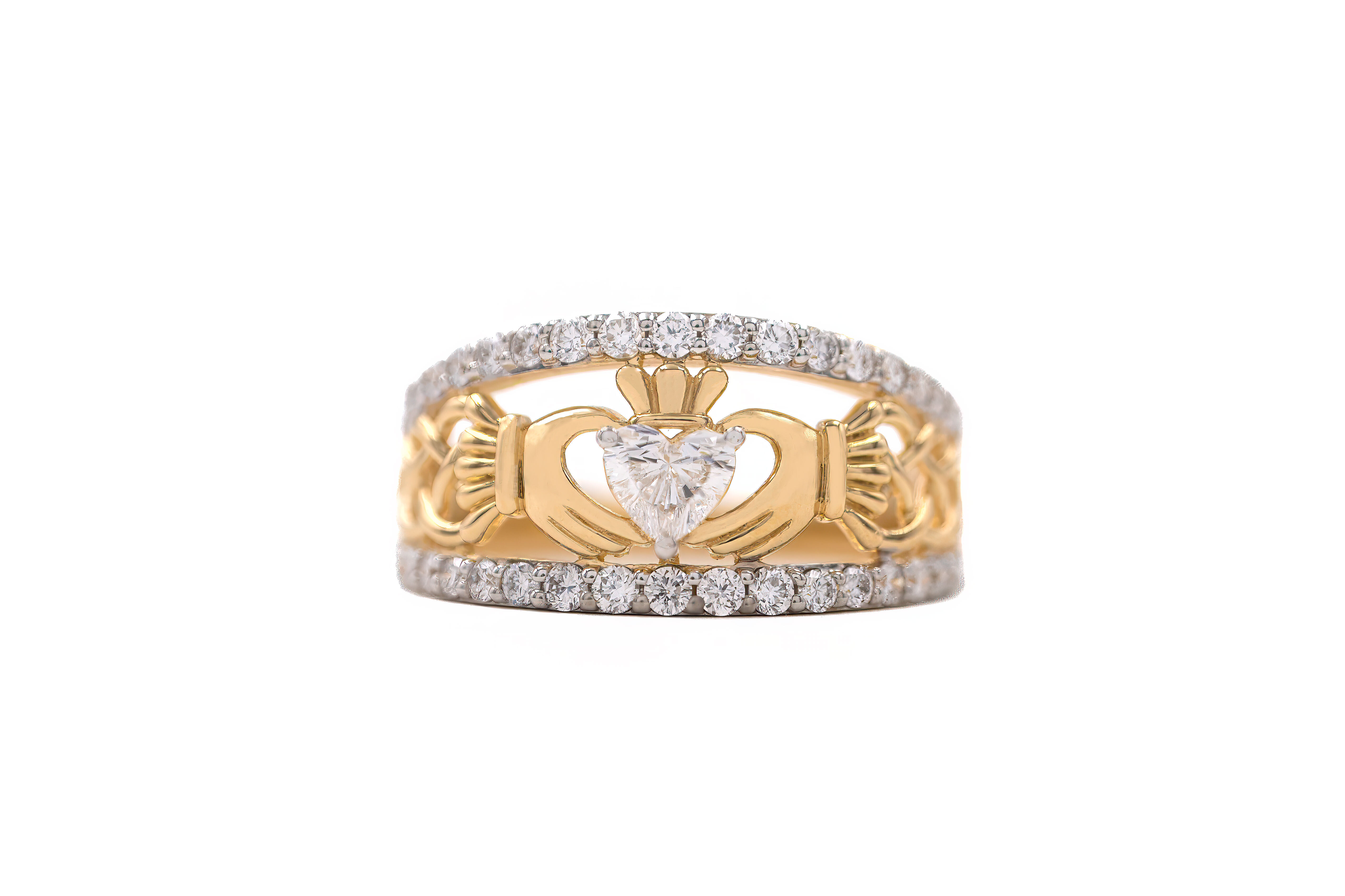 Womens Striking Polished Yellow Gold Claddagh & Celtic Knot Anniversary Ring
