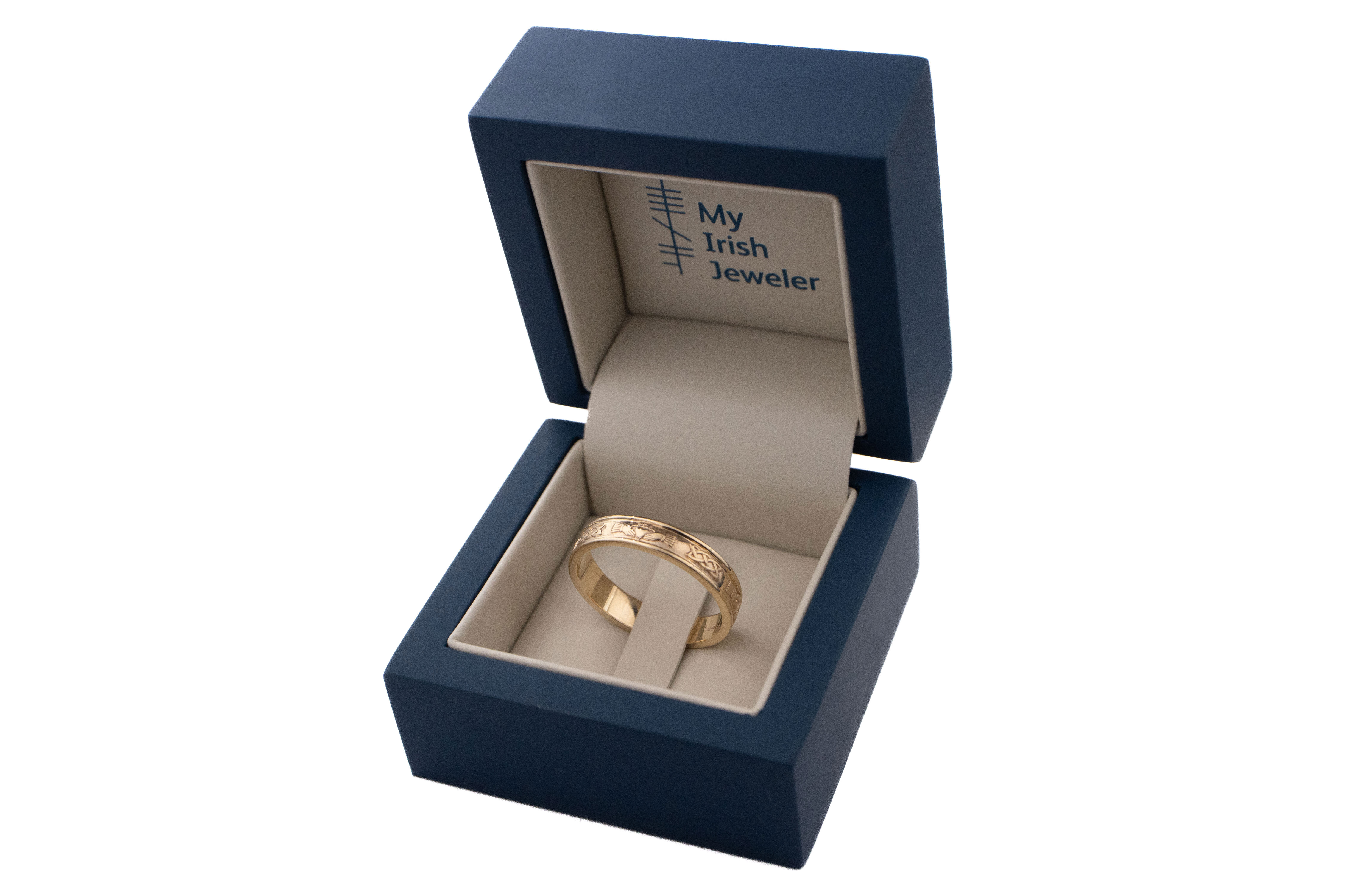 Womens Authentic Polished 18K Yellow Gold Claddagh & Celtic Knot Wedding Ring. In Luxury Packaging.