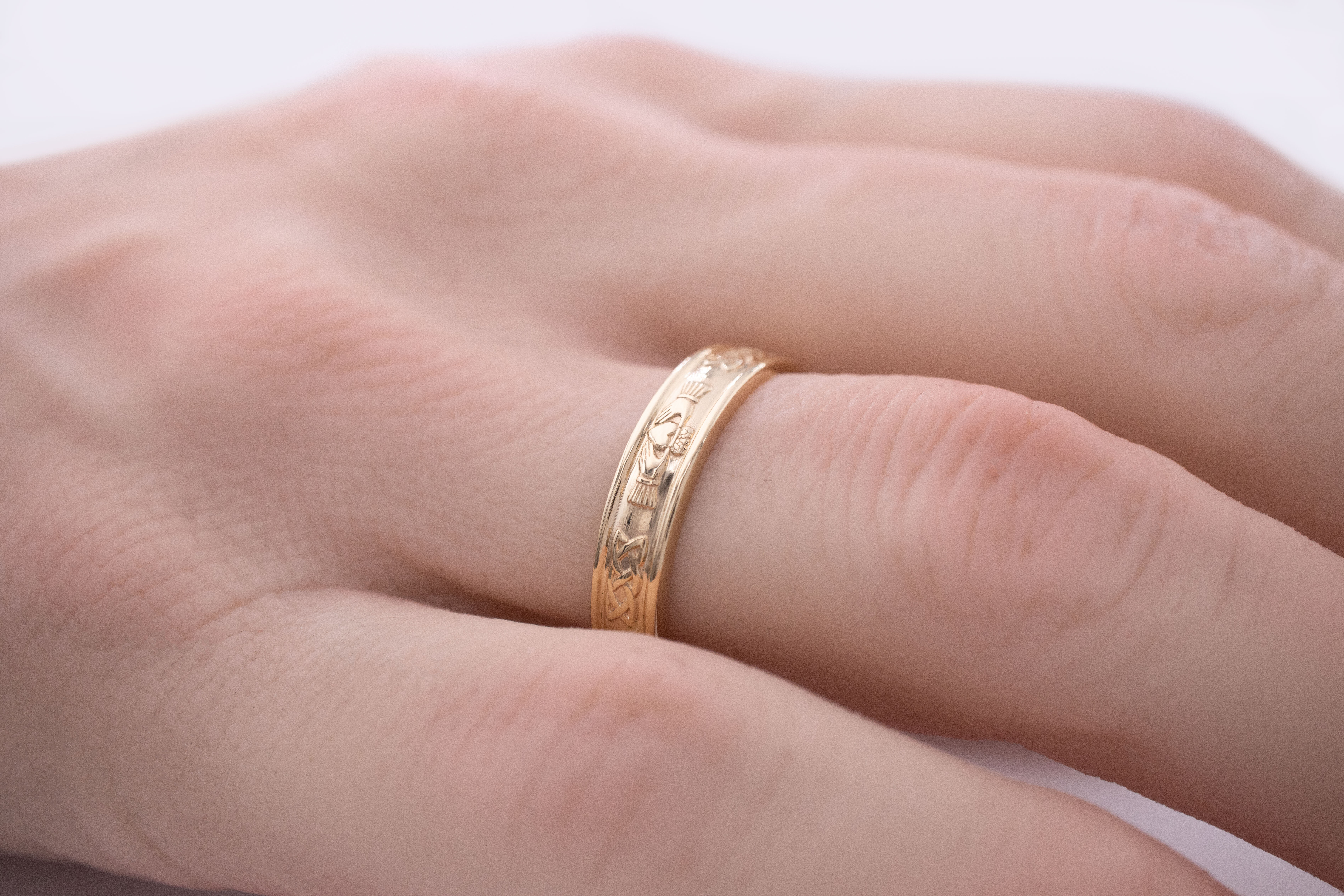 Gorgeous 18K Yellow Gold Claddagh 6.7mm Ring With a Polished Finish For Women - Model Photo