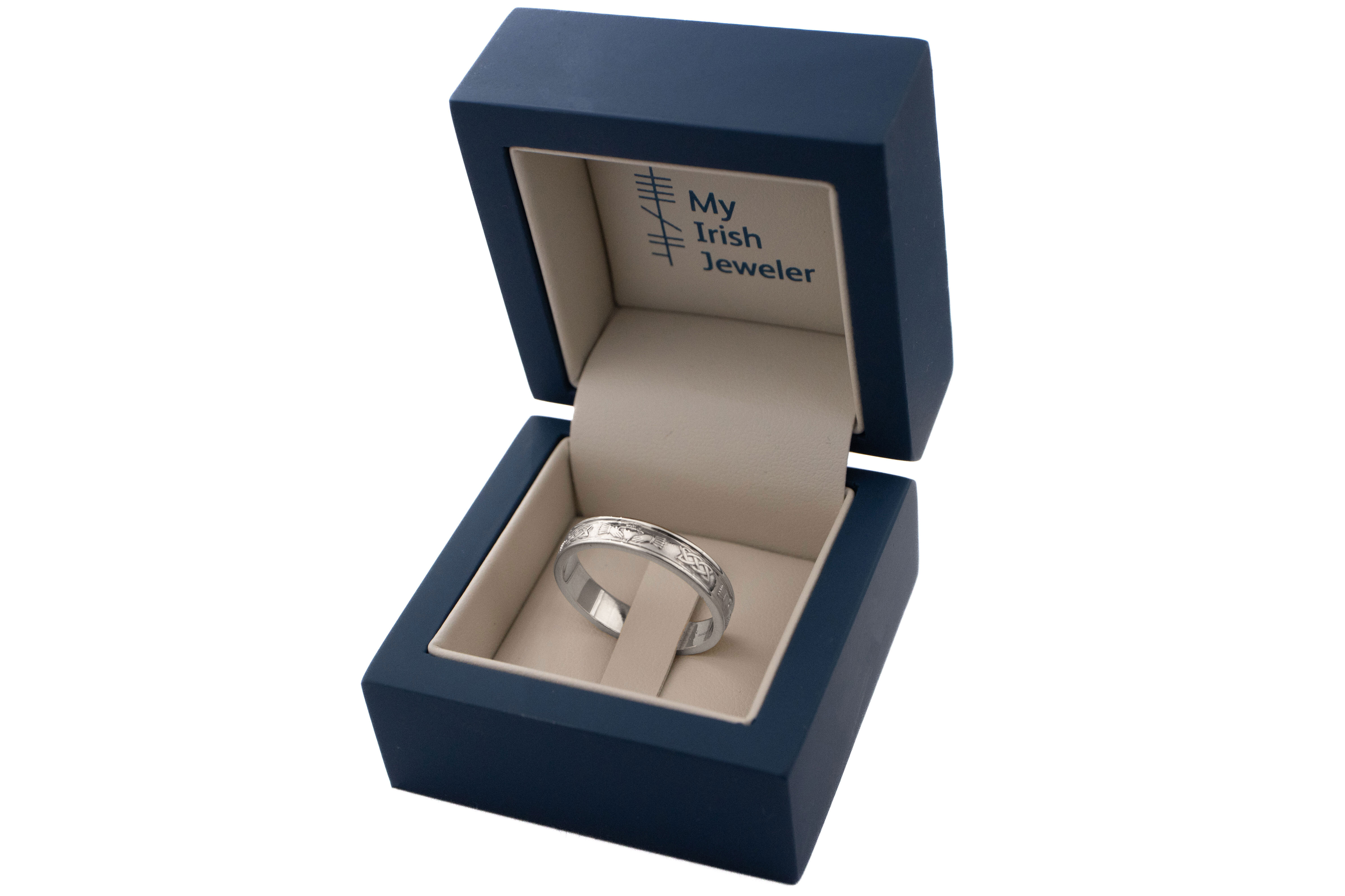 Womens Genuine Polished 18K White Gold Claddagh 6.7mm Ring. In Luxury Packaging.