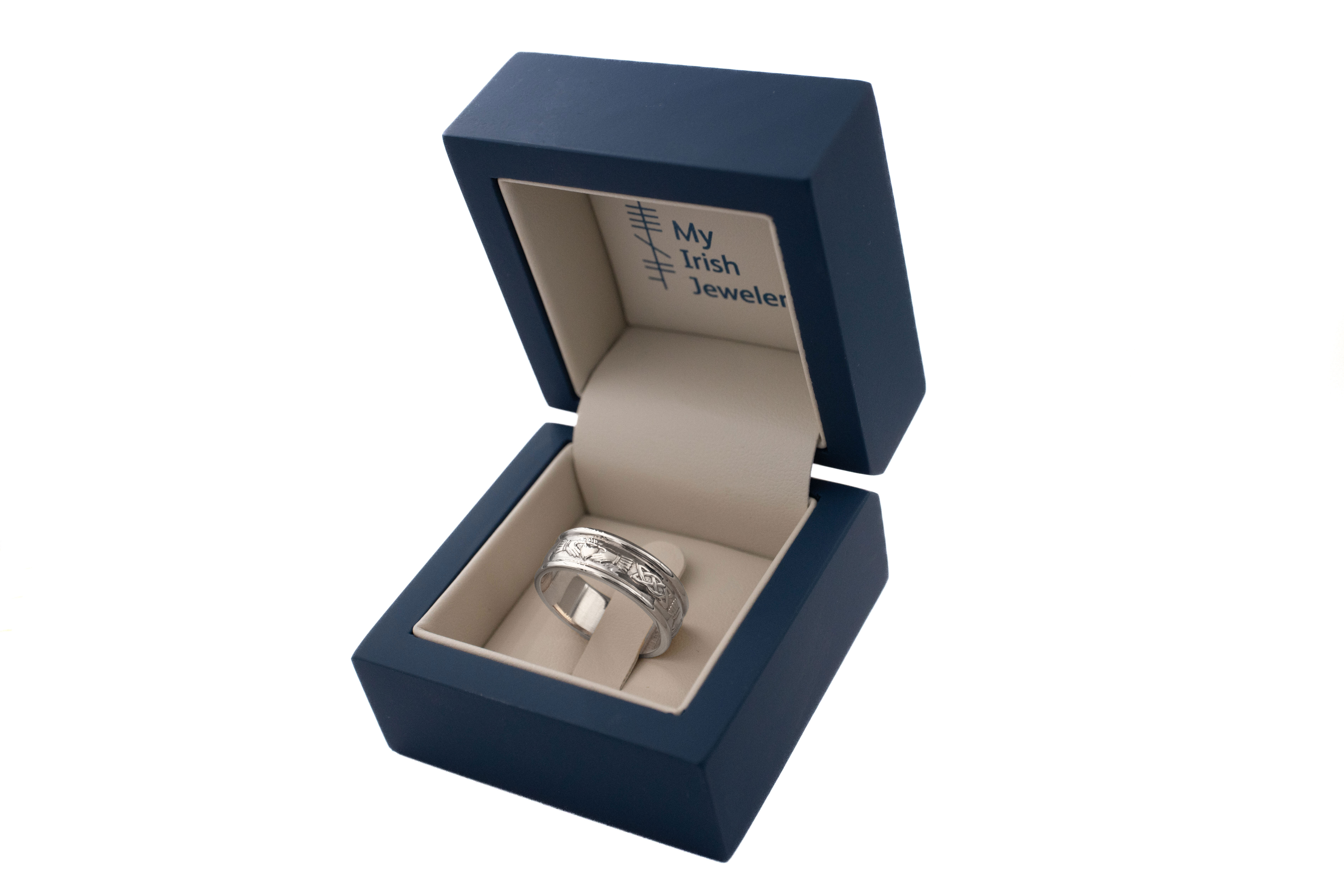 Attractive White Gold Claddagh & Celtic Knot 5.0mm Ring For Men With a Polished Finish. In Luxury Packaging.