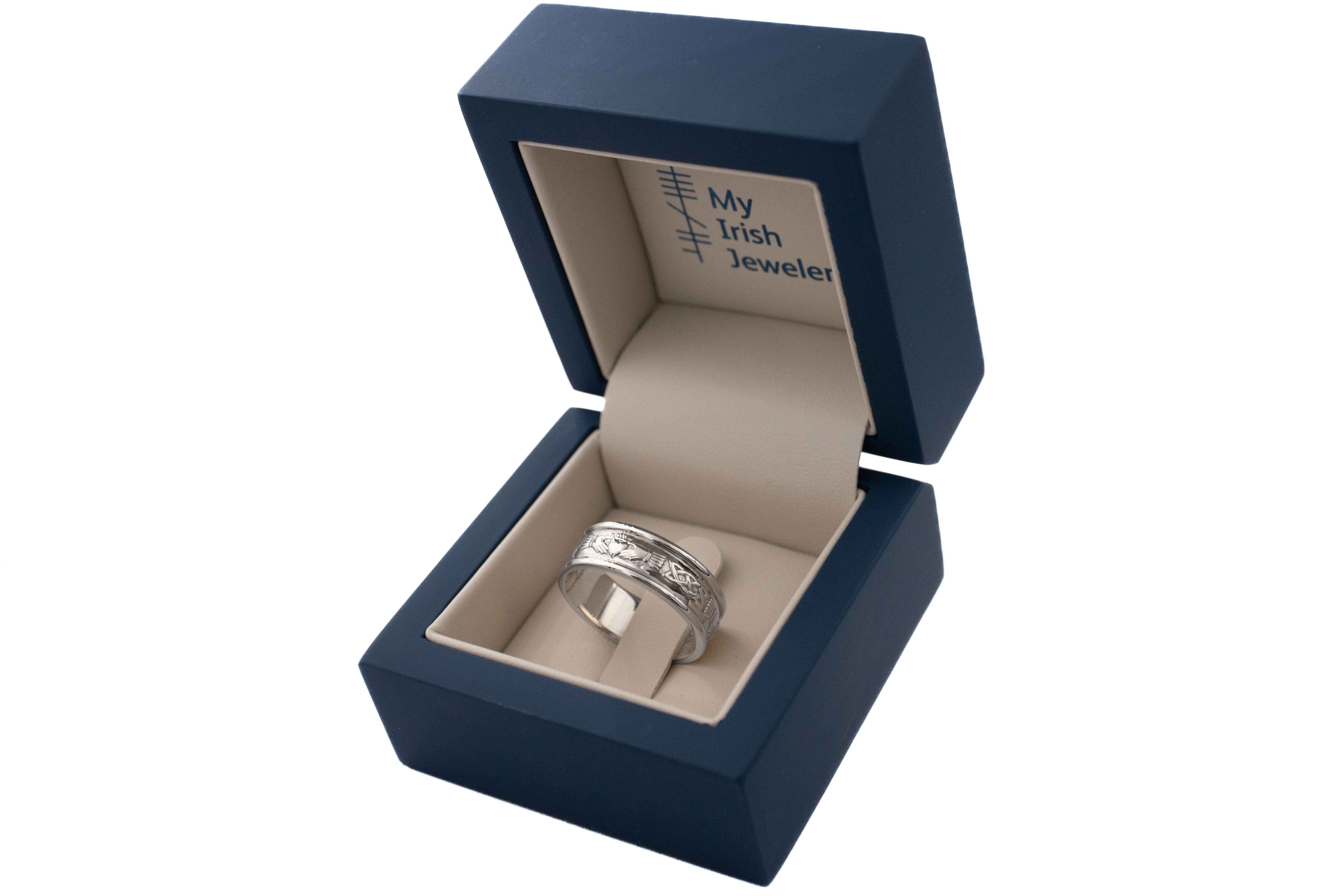 Mens Polished Claddagh & Celtic Knot 5.0mm Ring in Real 18K White Gold. In Luxury Packaging.