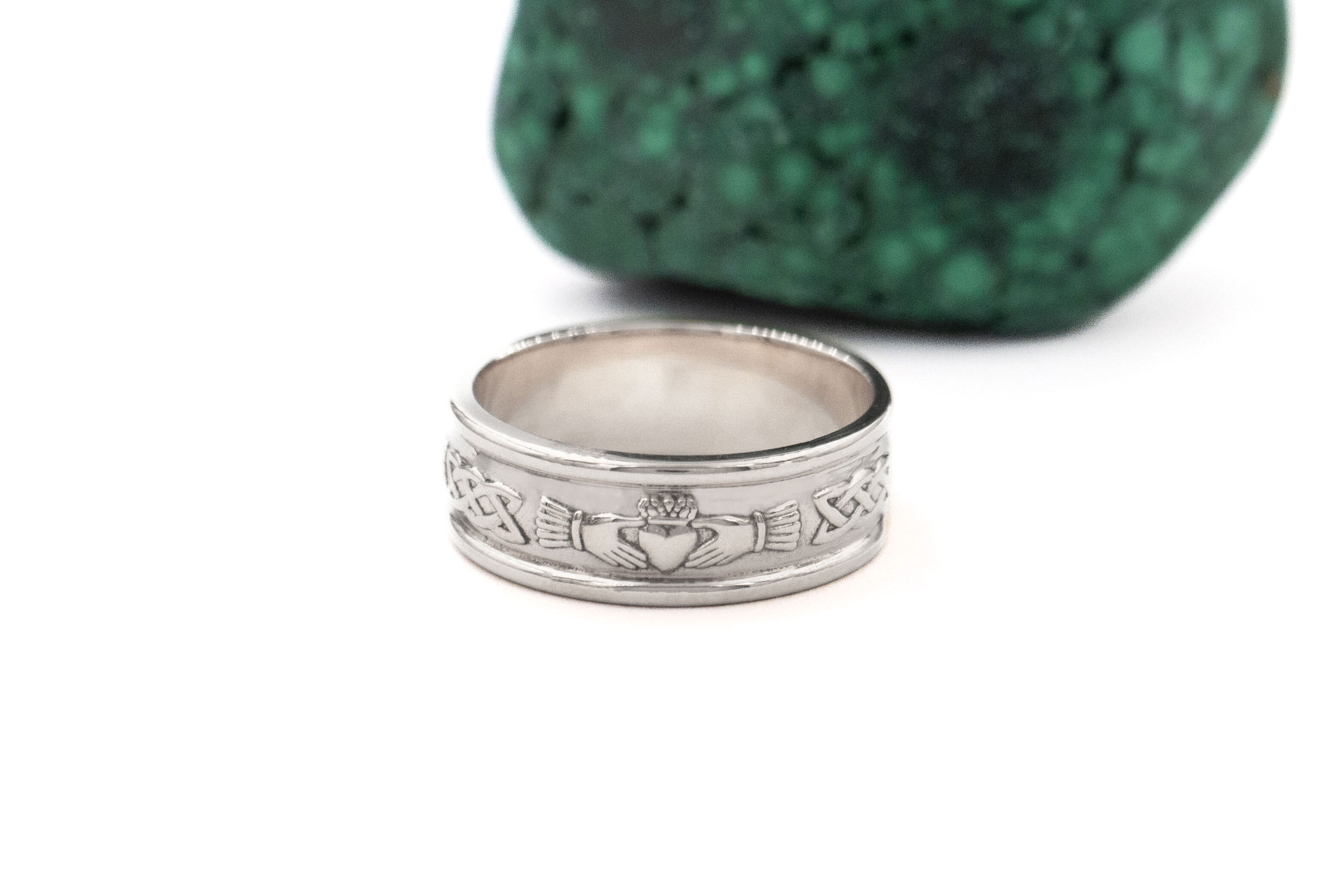 Luxurious White Gold Claddagh 6.7mm Ring For Men With a Polished Finish. Side View.