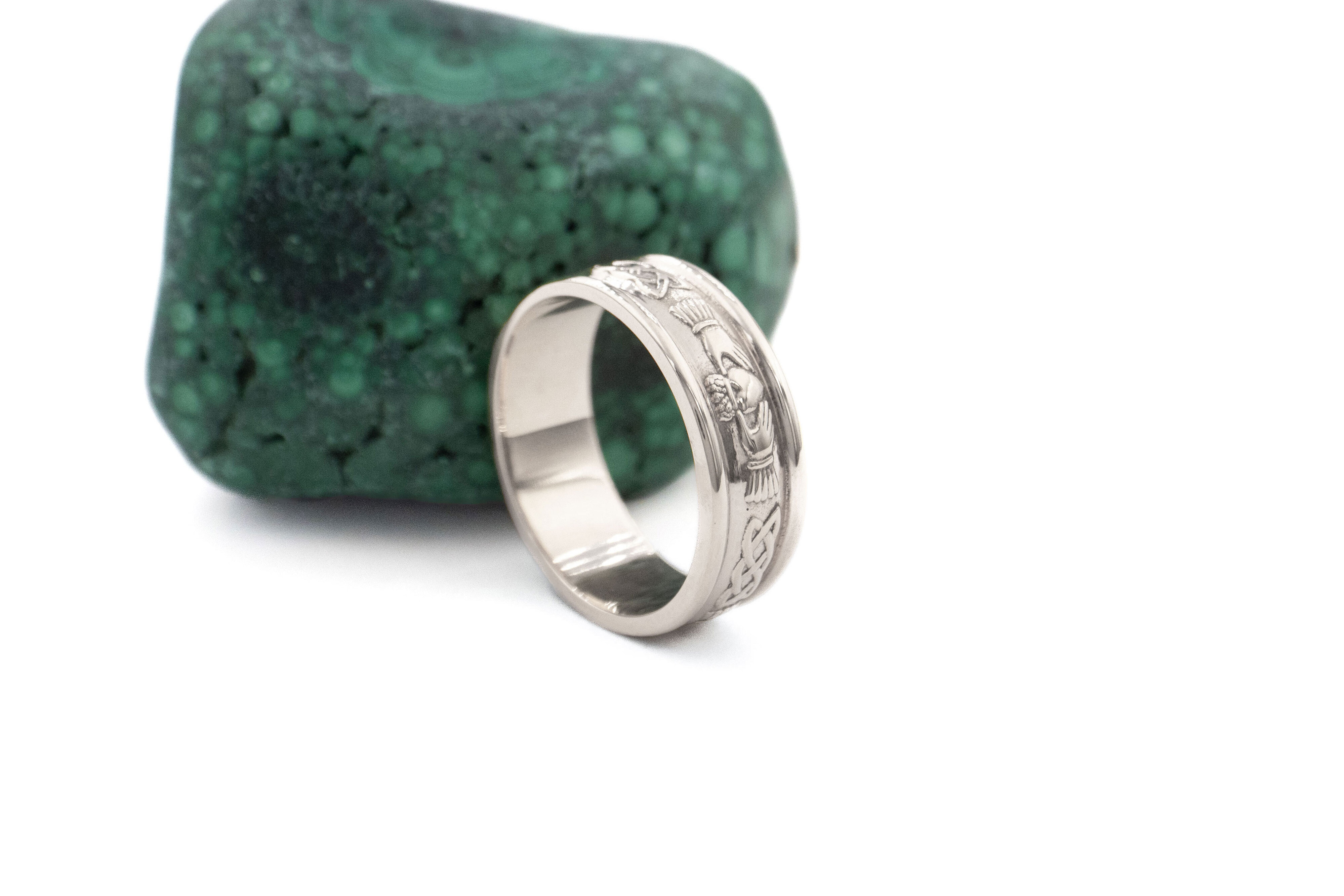 Gorgeous 18K White Gold Claddagh 5.0mm Ring With a Polished Finish For Men. Side View.